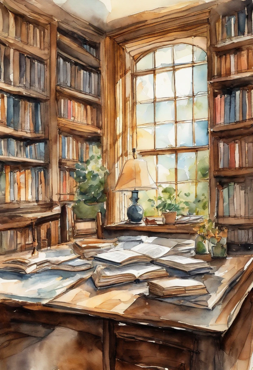 Ink wind,Interior of modern library tubes,On the desk were open books,A ray of sunlight shines through the square, modern window on the desk