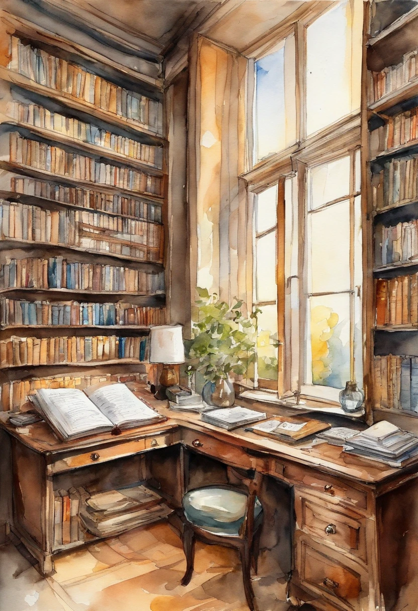 Ink wind，Interior of modern library tubes，On the desk were open books，A ray of sunlight shines through the square, modern window on the desk