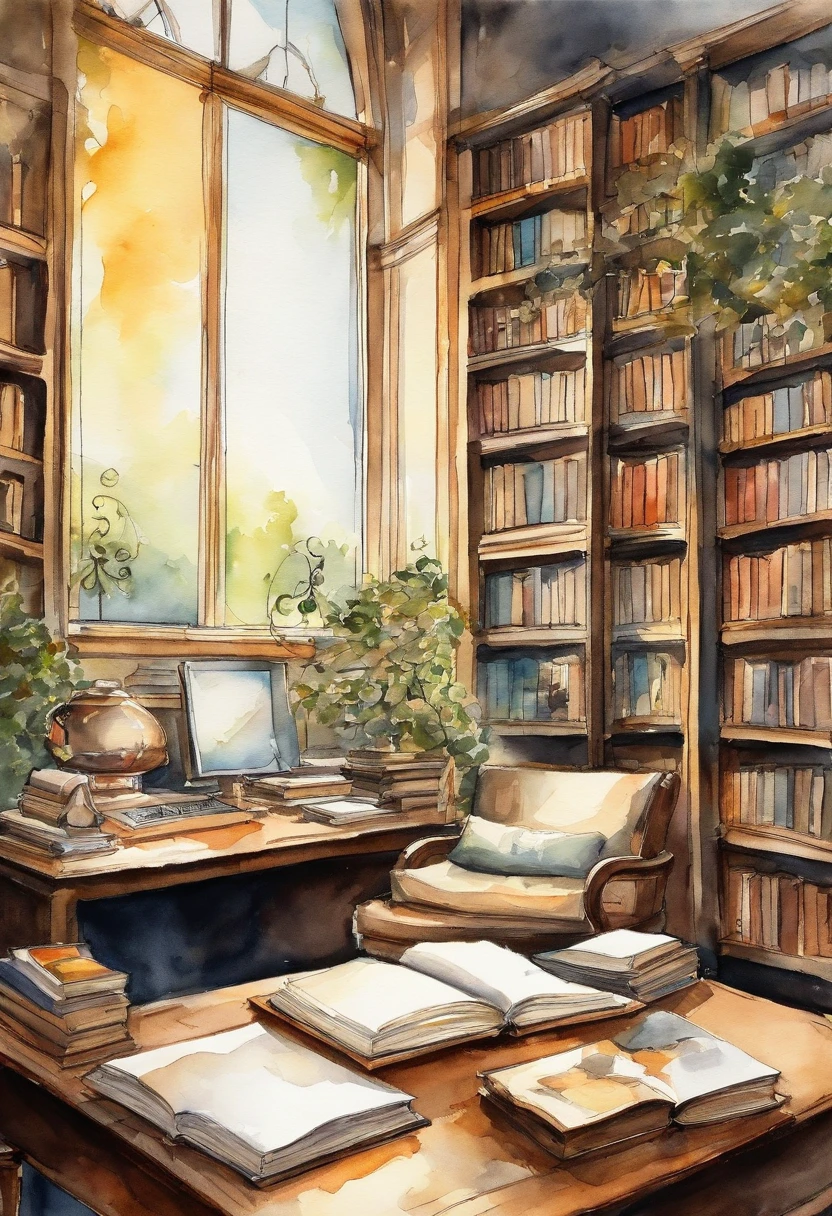 Ink wind，Interior of modern library tubes，On the desk were open books，A ray of sunlight shines through the square, modern window on the desk
