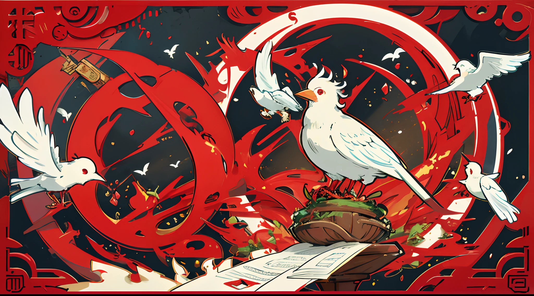 tmasterpiece,best qualityer,Chinese architecture,bird nest,Paper Cuttings style,Red paper cutout
