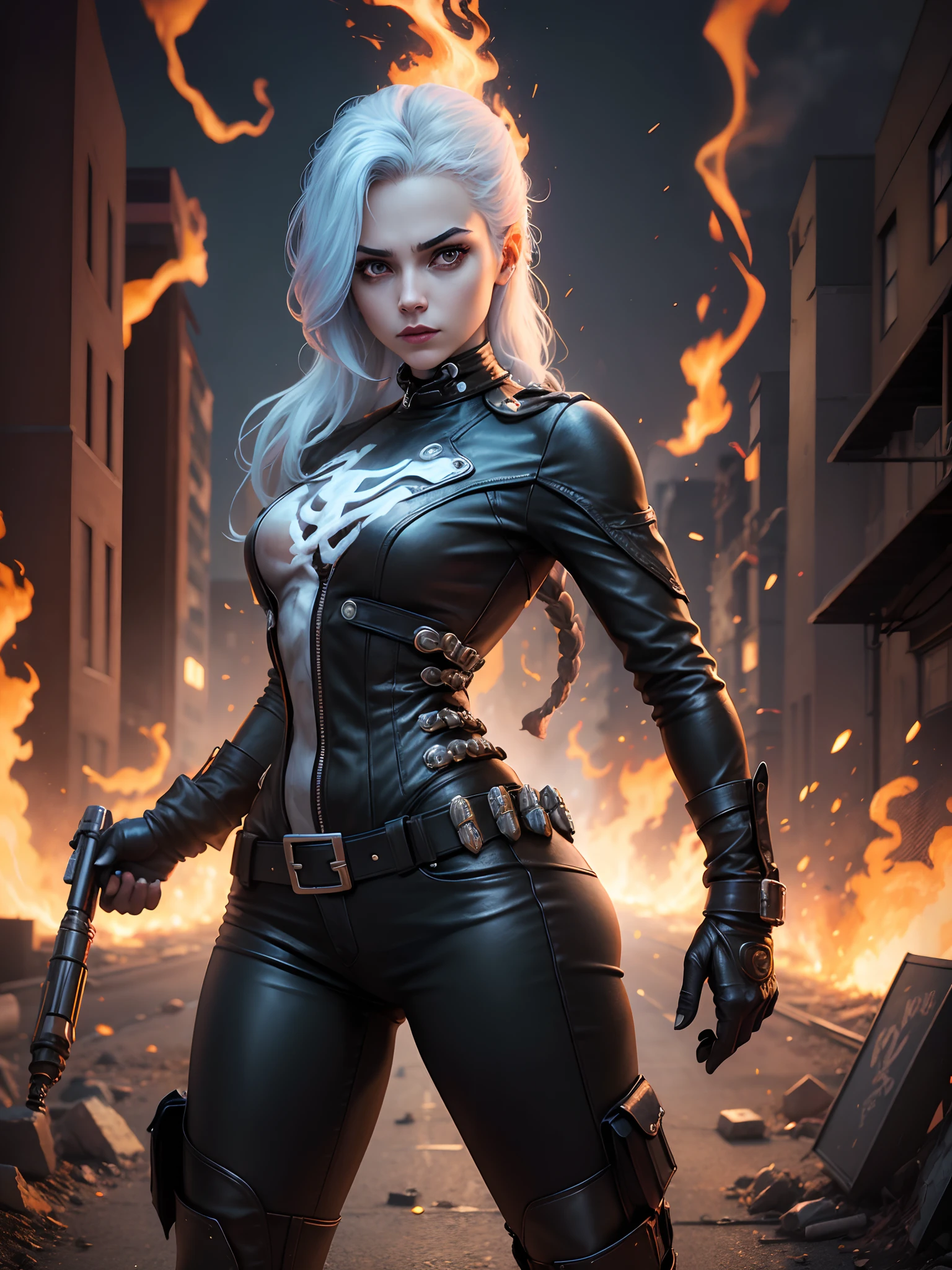 woman 25 years old, ghost photographer style, a supernatural anti-hero character in comics published by Marvel Comics, appearance with a skeleton head on fire, She drives a motorcycle that is also on fire, tight leather clothes, full body, (motorcycle on fire: 1.5) , ((best quality)), ((Selected: 1.4)) super resolution, Cinematic lighting, (New York: 1.3), (flaming skeleton head: 1.3), ultra realistic, . ....RAW, (realism: 1.5), (Realisitc: 1.4), (Absurdity: 1.4), 8k, ultra-detailed, detailed, (One: 1.4), (viewer: 1.3), HD4
