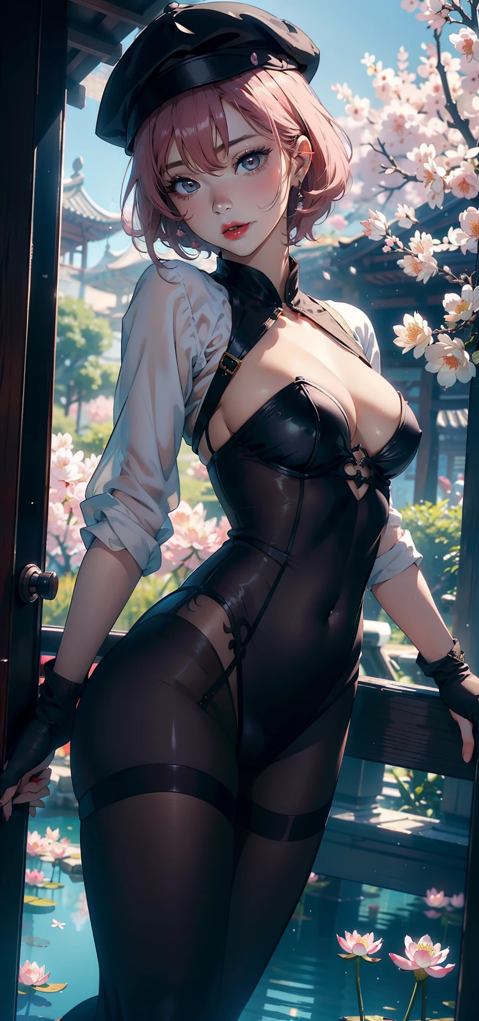1female,45 yers old,Married Woman,熟妇,plumw,extremely large bosom, 独奏,(Background with:ponds,Cherry blossom forest,lotus flower)Lie underwater, She has short pink hair,seen from the front,, mostly cloudy sky,(((tmasterpiece),(Very detailed CG unity 8K wallpaper),best qualtiy,cinmatic lighting,detailed back ground,beatiful detailed eyes,Bright pupils,Black eyes,Snow-whiteskin,Redlip(Very fine and beautiful),(Beautiful and detailed eye description),ultra - detailed,tmasterpiece,))facing at camera,A high resolution,ultra - detailed),revealing breasts,Bare genitalia, Bulge,legs are open,Raised sexy,Camel toes,Desire for dissatisfaction,frontage,stewardess,beret(Wearing:Transparent Hanfu,Black tights,)