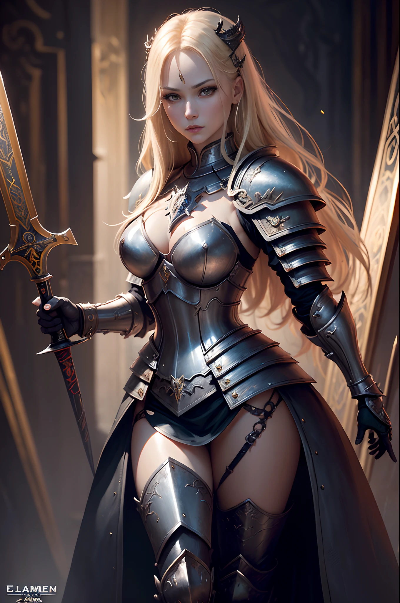 8K分辨率(full body Esbian:1.3)shots、splashart、Great cartoon style、Photorealistic and intense look、Bewitching blonde female holy knight,Anatomical Photorealistic Digital Painting(A MILF:1.3)Human portrait(AS-Adult:1.3)Complex of holy armor(heavily armored:1.3)with the(Dark and moody universe:1.3)、light particules、highlydetailed skin、paladin、extremely detailed eye、 (Elden Ring-style:1.1)、(warhammer style:1.3)、Concept Artist、globalillumination、depth of fields、splashart、art by:ArtGerm、by Greg Rutkowsky、viktoria gavrilenko,Big Sword Details,Female Holy Knight