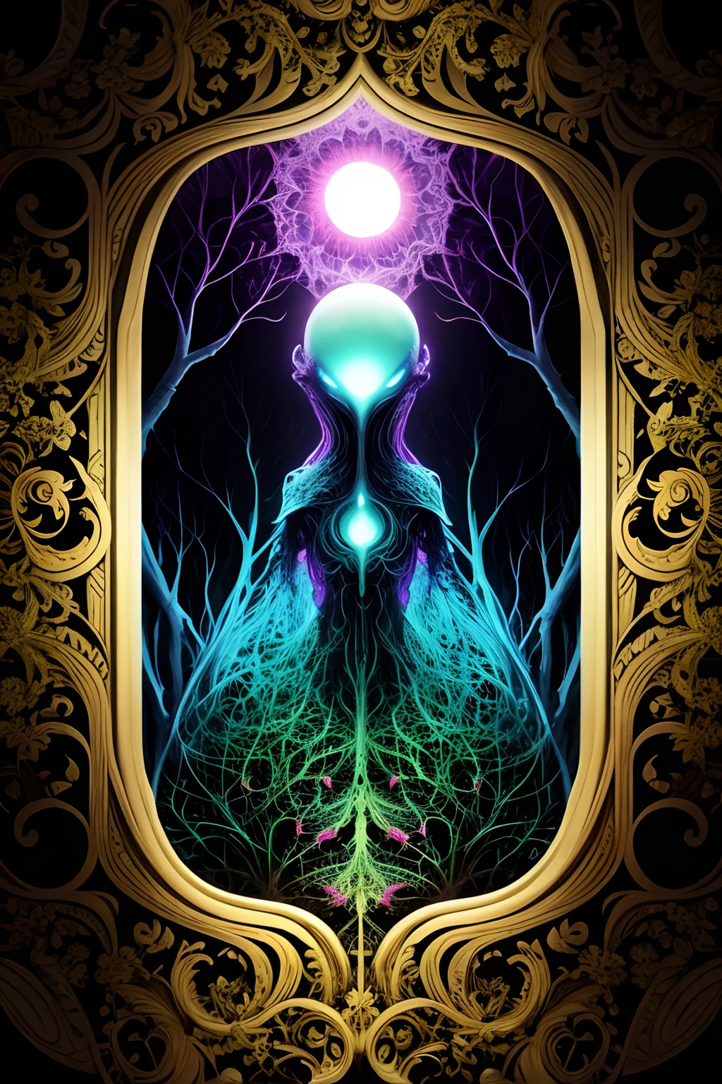 psychedelic fractal alien in a forest looking for someone to abduct.