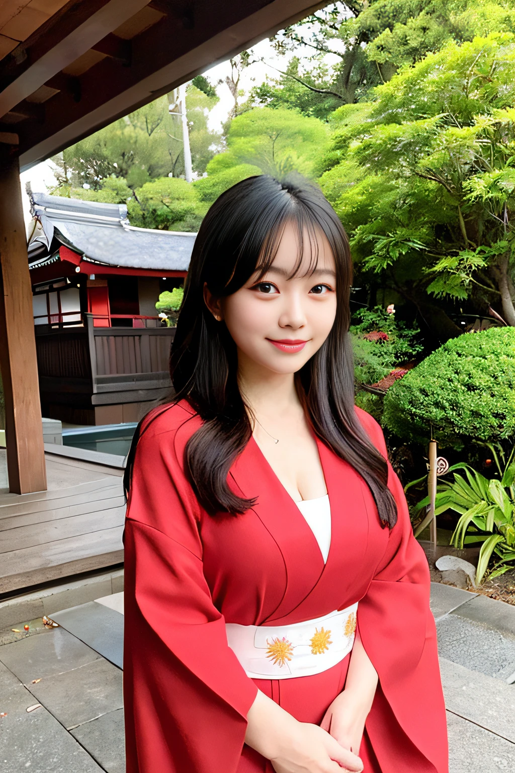 Woman posing at shrine wearing red kimono、top-quality、girl with１a person、with light glowing、Blur background、outside of house、Soft lighting、Lustrous hair、a smile、