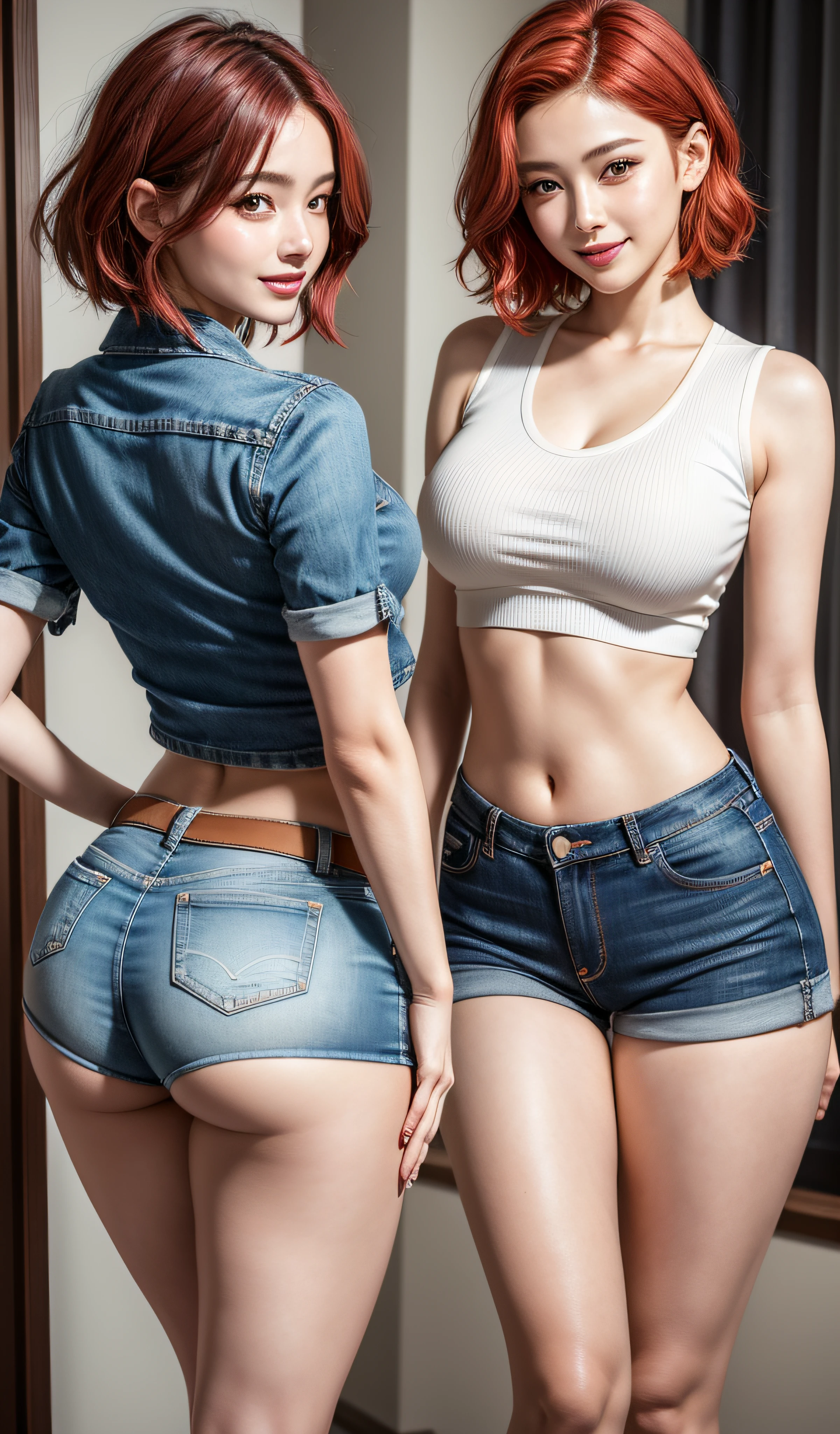 8K, Masterpiece, RAW photo, Best quality, Photorealistic, Extremely detailed CG unifies 8K, 8K, Diamond, and wallpaper, Depth of field, Cinematic light, Lens flare, Ray tracing, Super sexy Maria dressed (Low-cut and tight (Ultra-short,denim hot-pants)),((full bodyesbian)),((Long legs)), (thigh gap:1.5),Narrow waist、(Wide buttock),(big assa),Pretty Korean girl, Kpop idol, 1 girl, (Very slim and slender muscular body:1.3), ((view the viewer)),(Big smile:1.3),Narrow waist、(big assa),((White crop top top:1.5) Vest with exposed neckline), Short hair, Red hair, photorealestic, photography of, (A high resolution), (realisticlying:1.4), (very intricate), (exquisitedetails), highly detailed, A high resolution, Original, Extremely detailed 8k wallpaper, best qualtiy, 详细的脸, ultra - detailed, RAW photogr, realisticlying, (Extremely beautiful face, Beautiful lips, Beautiful eyes), intricate detail face, (Plump red lips),((ultra detailed skin),(Low-cut and tight (Flare Jeans)),(thigh gap:1.5),Narrow waist、(Wide buttock),(big assa), (view the viewer:1.3) Short hair, Red hair,open breast, Very slim, Medium breasts, Turn Back, Back shot, , underwear