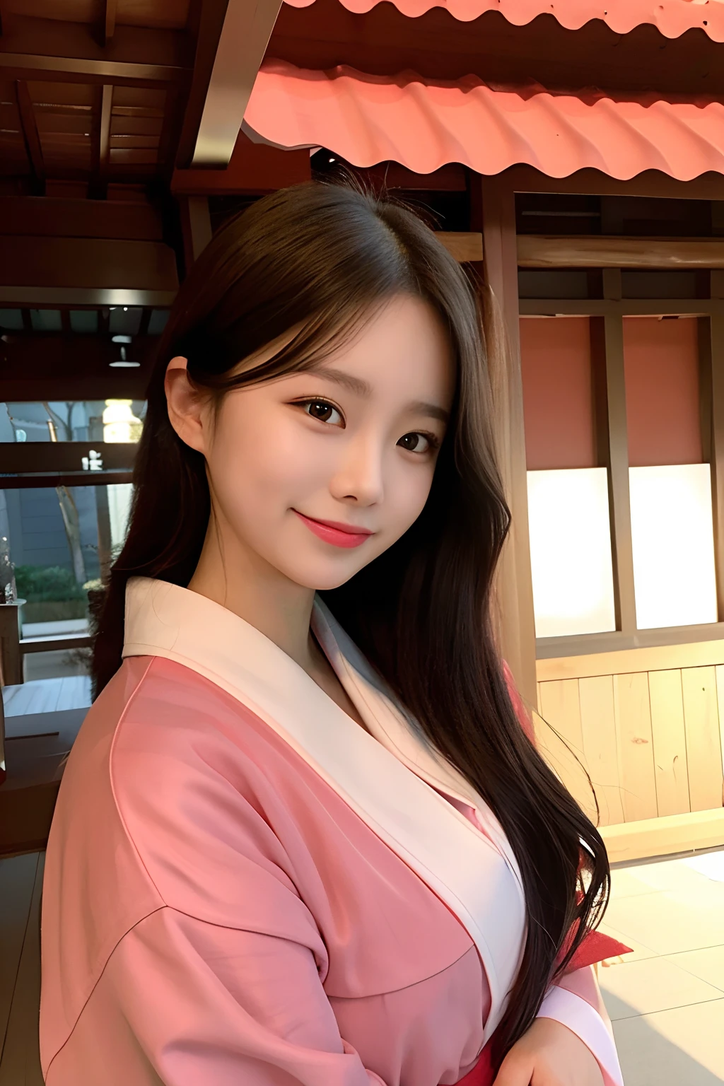 Woman posing at shrine wearing red kimono、top-quality、girl with１a person、with light glowing、Blur background、outside of house、Soft lighting、Lustrous hair、a smile、