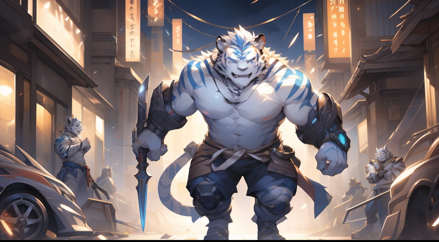 (by null-ghost, by thebigslick, By Darkgem, by Honovy), Kogenta (Onmyoji Oyamaji Temple), high-definition photograph, Perfect anatomy, Anthropomorphic white tiger, male people, 20yr old, Thick eyebrows, Light blue stripes, Strong body, large pecs, Bare topless, mechanical leg, Cyberpunk gear, which stands on the street, one arm raised, Bluetooth headset, Take the weapons of the future, serious expressions, Golden pupils, Look at the audience, Clear facial features, Strong, Solo, top views, Full body photo, the night, street Tokyo, Noisy environment, neonlight, Broken urban buildings