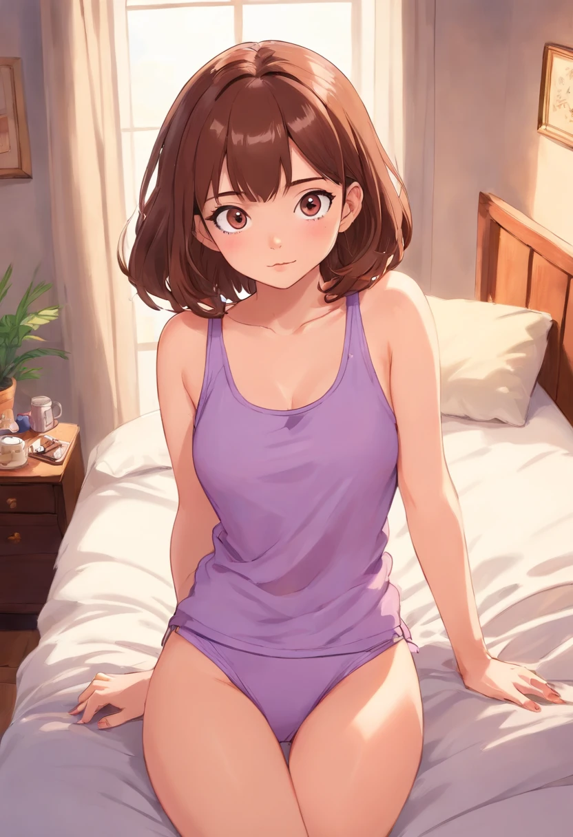 Arafed woman with matching tank top and panties, Sexy girl with brown eyes, portrait sophie mudd, brown hair and big eyes, Selfie einer jungen Frau, Augen im Schlafzimmer, Violet Myers, ohne Make-up, Natural makeup, Blick direkt in die Kamera, Gesicht mit Artgram, dezentes Make-up, Stunning full body shot, im Schlafzimmer, Spaltung