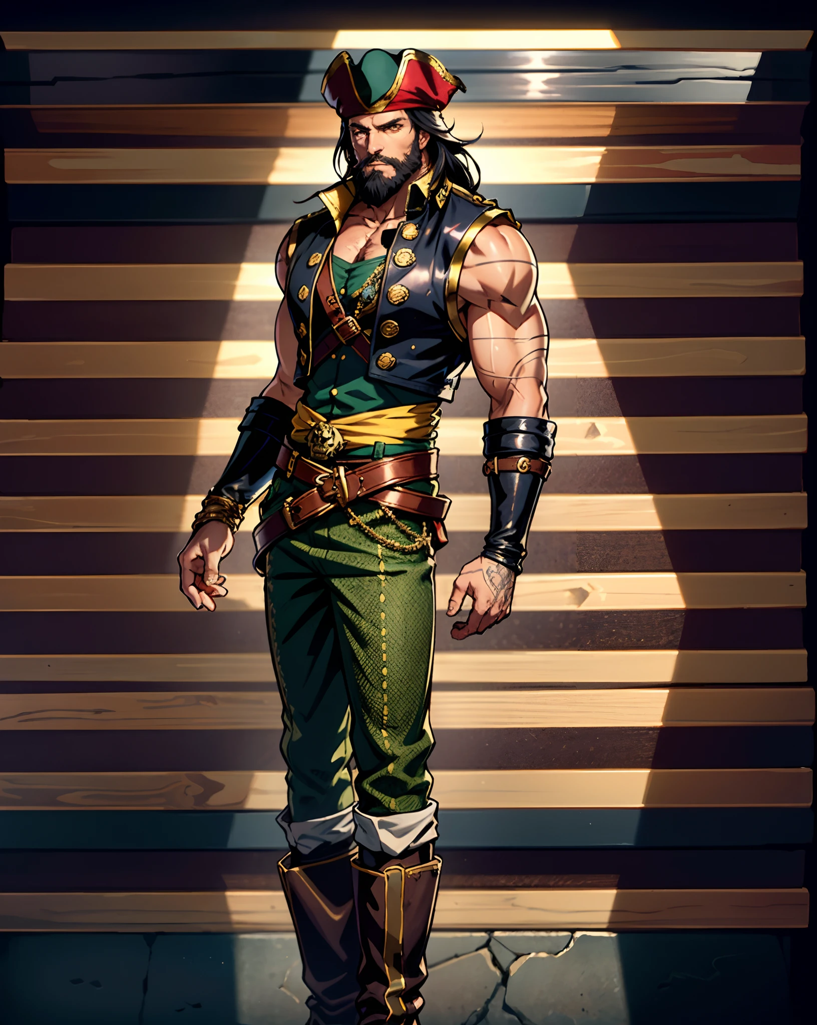 A middle-aged man with long black hair, medium length hair, wears a small round felt hat on his head, he has a cunning and sharp gaze, a beard, a tall and imposing figure, a fantasy-style pirate coat, sleeveless, exquisite stripes, a large skull pattern, has a golden sash around his waist, a leather belt with bone decorations, long gloves with metal ornaments, two-tone utility pants, knee-high leather boots, primarily in shades of black, accented by touches of red and yellow, he stands proudly at the bow of a massive pirate ship, this character embodies a finely crafted fantasy-style pirate in anime style, characterized by an exquisite and mature manga illustration art style, high definition, best quality, highres, ultra-detailed, ultra-fine painting, extremely delicate, professional, anatomically correct, symmetrical face, extremely detailed eyes and face, high quality eyes, creativity, RAW photo, UHD, 8k, Natural light, cinematic lighting, masterpiece:1.5