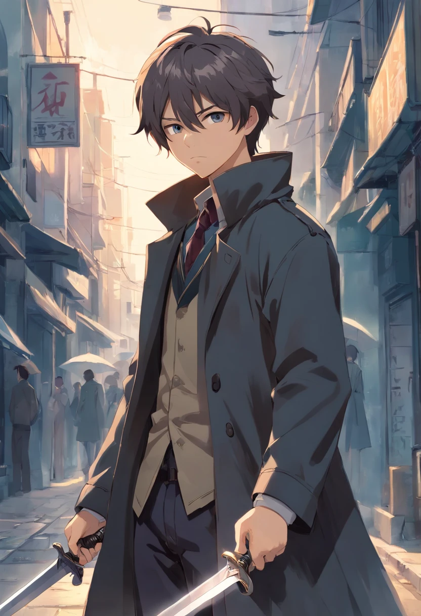 Young man with a sword, Strong, Height 1.60, , Victorian trench coat, Torn black cloak, medium gray hair with white streaks, Dark clothes