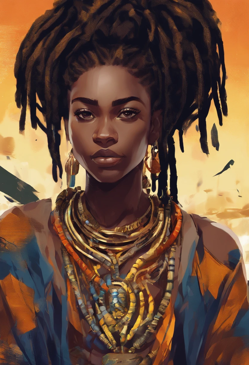 (best quality,ultra-detailed,realistic:1.37), african ager with black hair dreadlocks,portrait,beautiful detailed eyes,strong presence,fierce expression,strikingly detailed facial features,shades of black and dark blue,vivid colors,dramatic lighting,high-contrast shadows,detail-oriented rendering,,confident attitude,ethereal background,vibrant personality,intense gaze,elaborate hair ornaments,rich texture,splashes of gold,subtle highlights,sharp focus,carefully crafted African-inspired jewelry