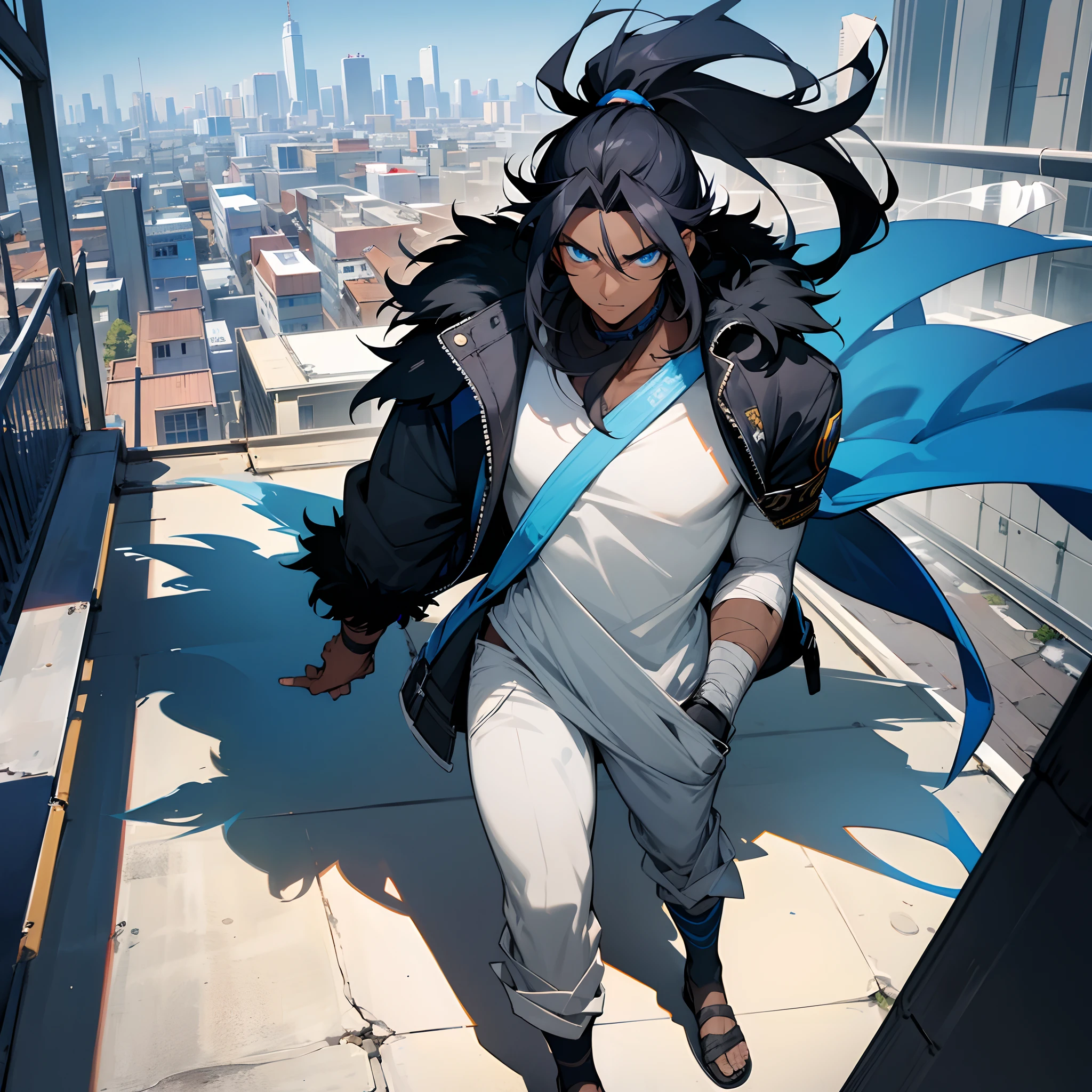 1male,  adult, messy medium length black hair in ponytail, bright blue eyes, walking down path, dark skin, bandages wrapped around arms, best light and shadows, large city, rooftop, posing with hands in pockets, modern clothes, fur jacket