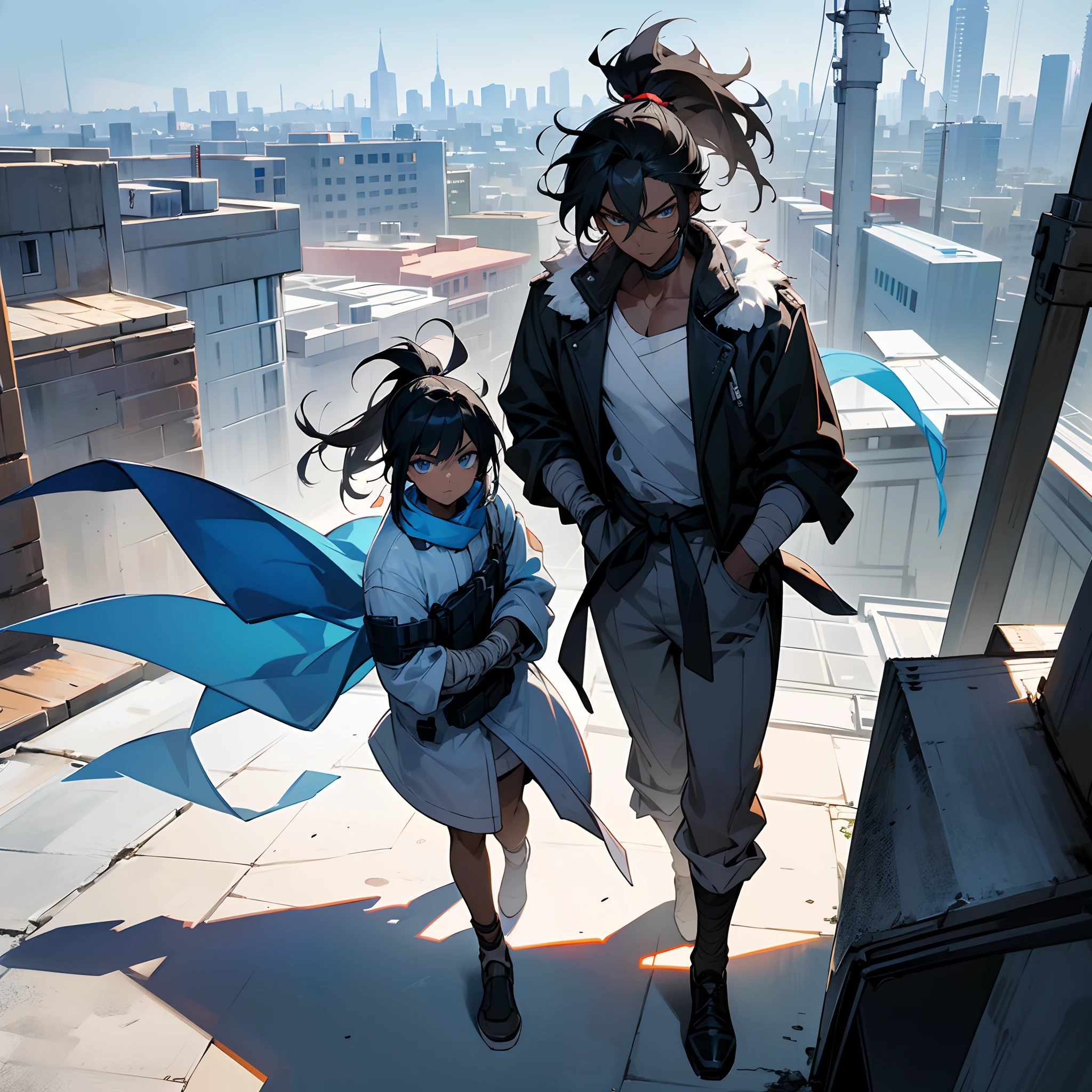 1male, young adult, messy medium length black hair in ponytail, bright blue eyes, walking down path, dark skin, bandages wrapped around arms, best light and shadows, large city, rooftop, posing with hands in pockets, modern clothes, fur jacket