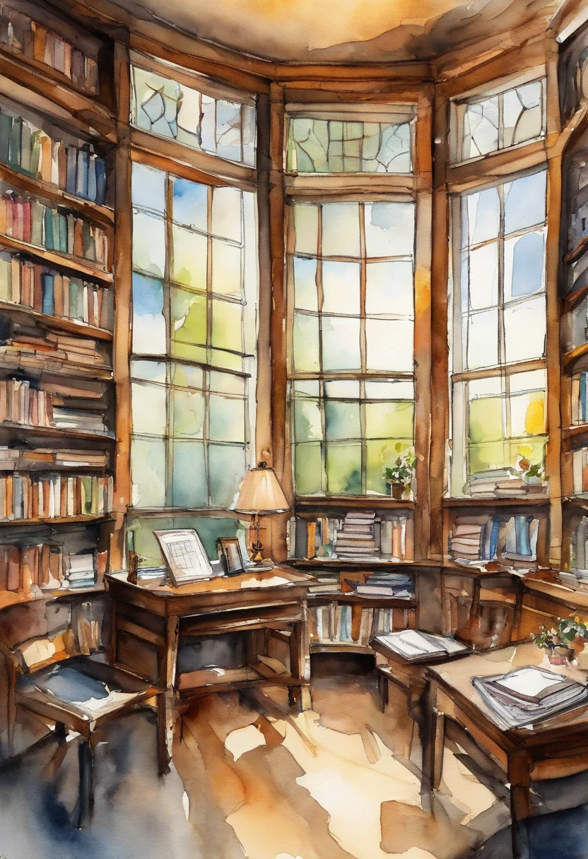 Modern ink style,Interior of modern library tubes,Modern desks with open books,A ray of sunlight shines through the square, modern window on the desk,Surrounded by modern bookshelves