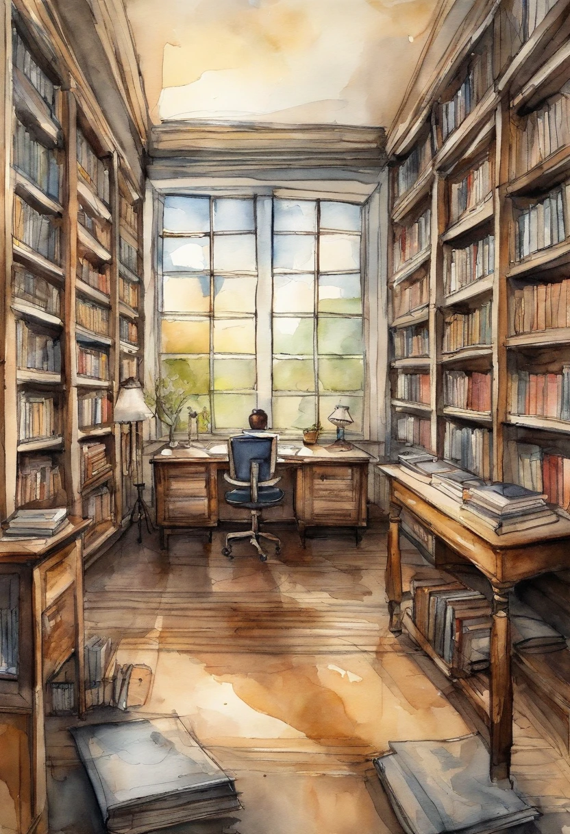 Modern ink style，Interior of modern library tubes，Modern desks with open books，A ray of sunlight shines through the square, modern window on the desk，Surrounded by modern bookshelves