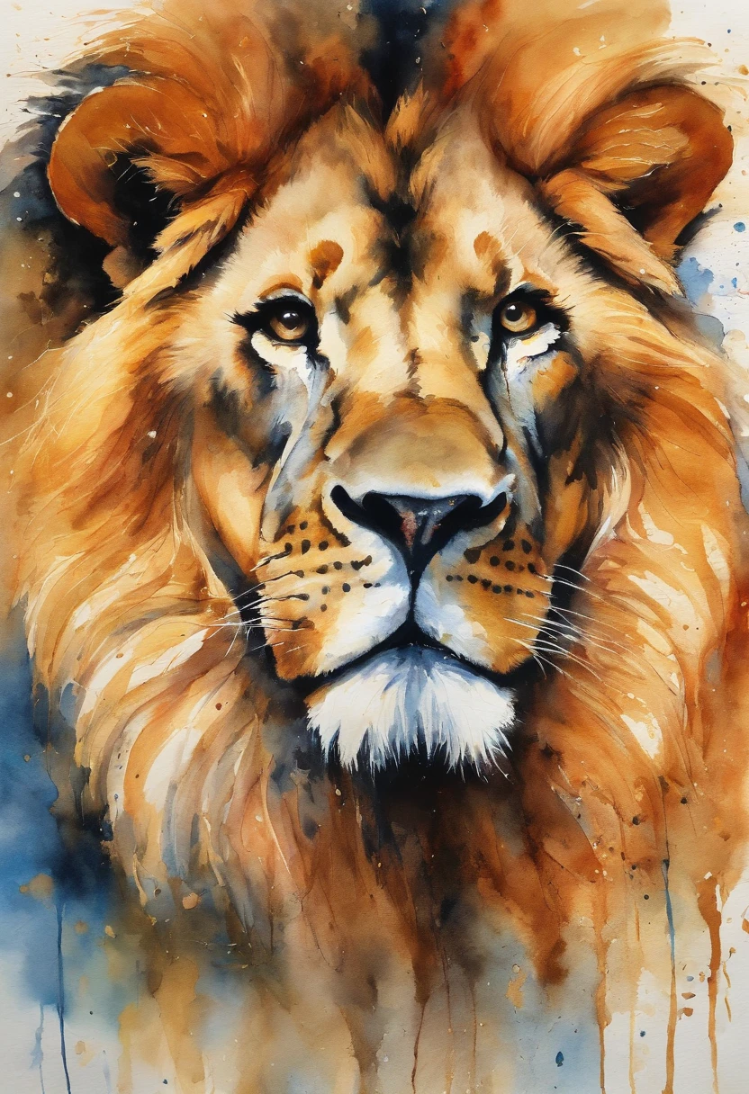 Roaring of the lion、Golden lion、The playful gaze is fixed forward、Create realistic images of caramel liones whose bodies blend into abstract backgrounds of different golden shades. The blue spots in the background are、Harmonizes smoothly with golden shades