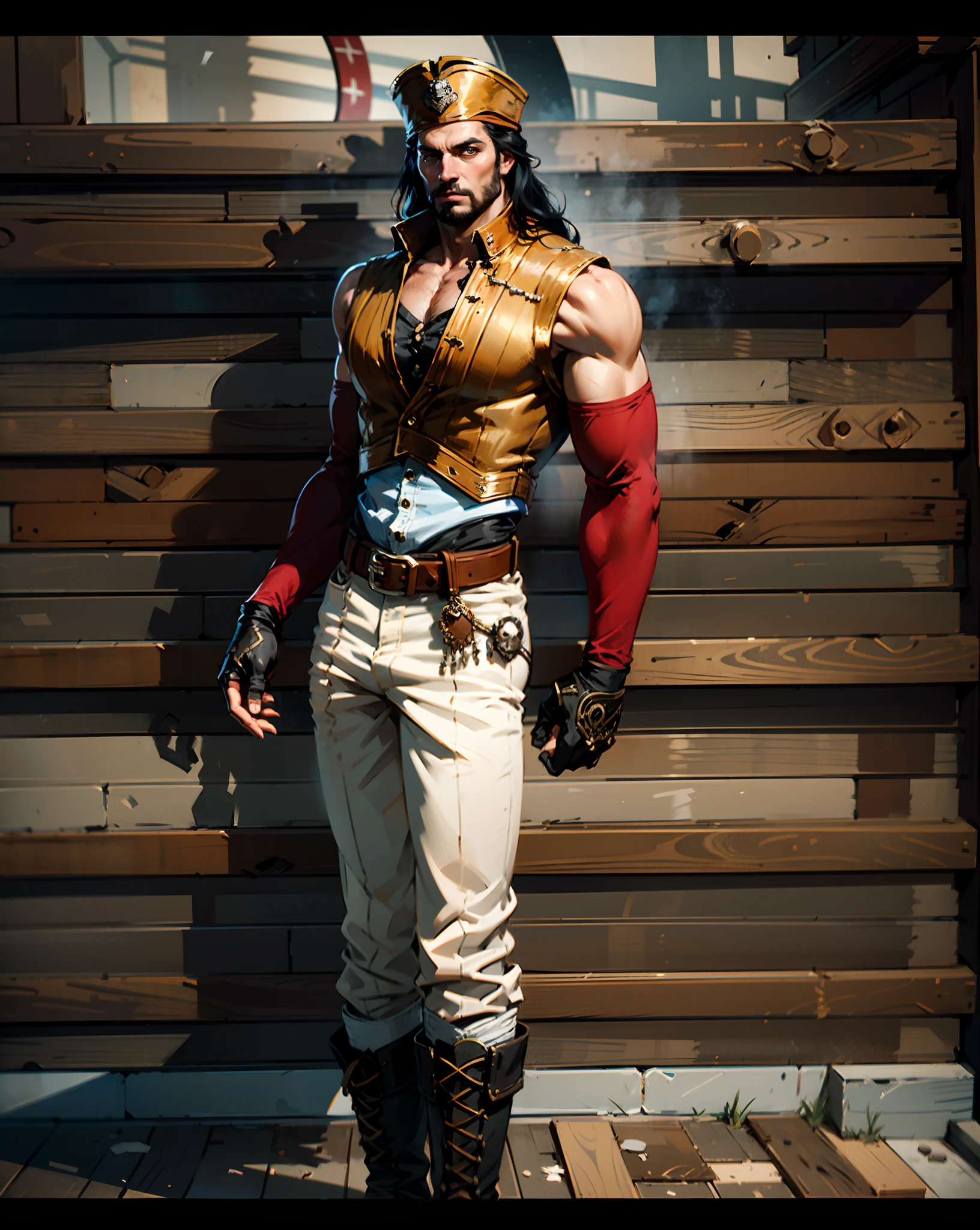 A middle-aged man with long black hair, medium length hair, wears a small round felt hat on his head, he has a cunning and sharp gaze, a beard, a tall and imposing figure, a fantasy-style pirate coat, sleeveless, exquisite stripes, a large skull pattern, has a golden sash around his waist, a leather belt with bone decorations, long gloves with metal ornaments, two-tone utility pants, knee-high leather boots, primarily in shades of black, accented by touches of red and yellow, he stands proudly at the bow of a massive pirate ship, this character embodies a finely crafted fantasy-style pirate in anime style, characterized by an exquisite and mature manga illustration art style, high definition, best quality, highres, ultra-detailed, ultra-fine painting, extremely delicate, professional, anatomically correct, symmetrical face, extremely detailed eyes and face, high quality eyes, creativity, RAW photo, UHD, 8k, Natural light, cinematic lighting, masterpiece:1.5