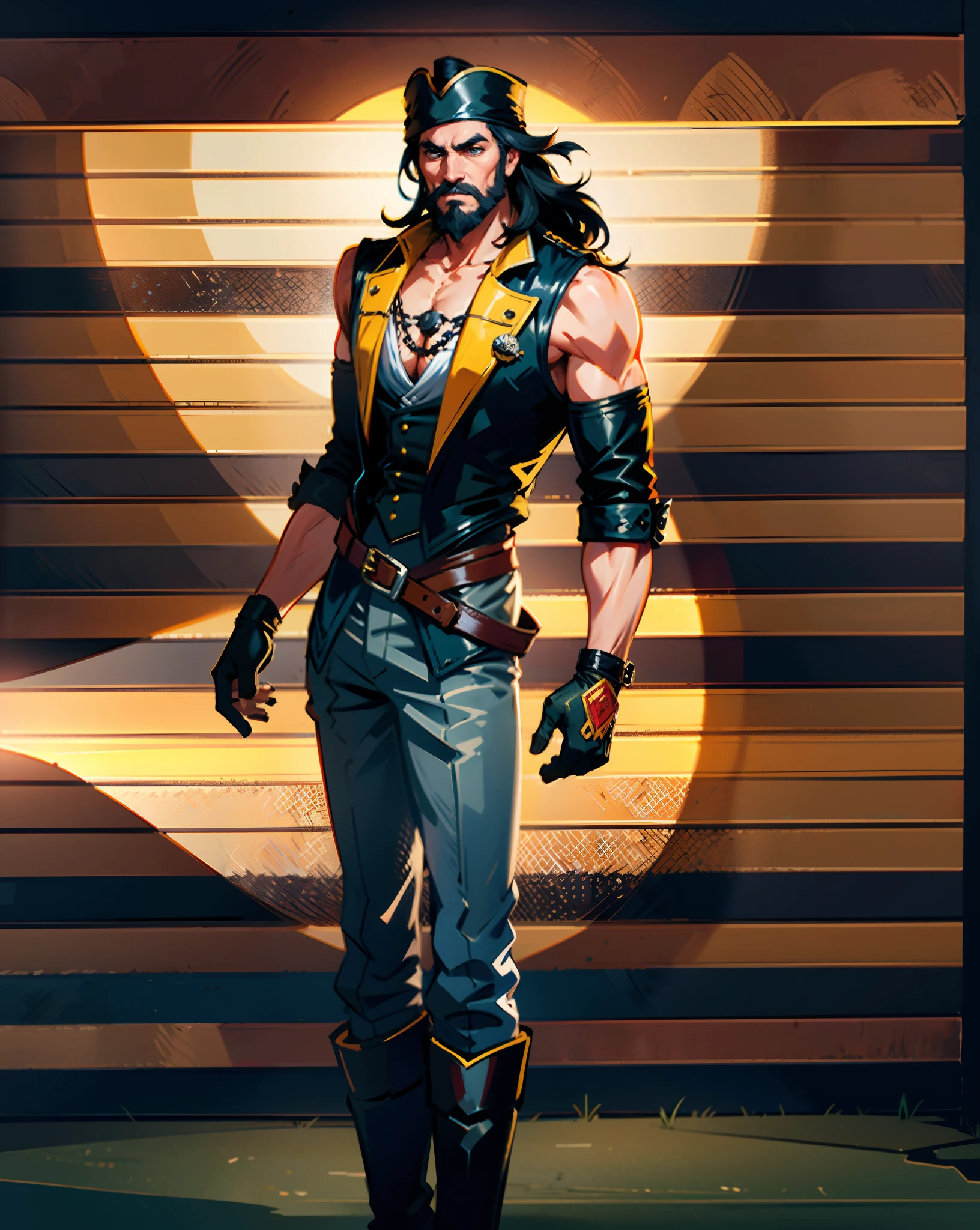 A middle-aged man with long black hair, medium length hair, wears a small round felt hat on his head, he has a cunning and sharp gaze, a beard, a tall and imposing figure, a fantasy-style pirate coat, sleeveless, exquisite stripes, a large skull pattern, has a golden sash around his waist, a leather belt with bone decorations, long gloves with metal ornaments, two-tone utility pants, knee-high leather boots, primarily in shades of black, accented by touches of red and yellow, he stands proudly at the bow of a massive pirate ship, this character embodies a finely crafted fantasy-style pirate in anime style, characterized by an exquisite and mature manga illustration art style, high definition, best quality, highres, ultra-detailed, ultra-fine painting, extremely delicate, professional, anatomically correct, symmetrical face, extremely detailed eyes and face, high quality eyes, creativity, RAW photo, UHD, 8k, Natural light, cinematic lighting, masterpiece:1.5