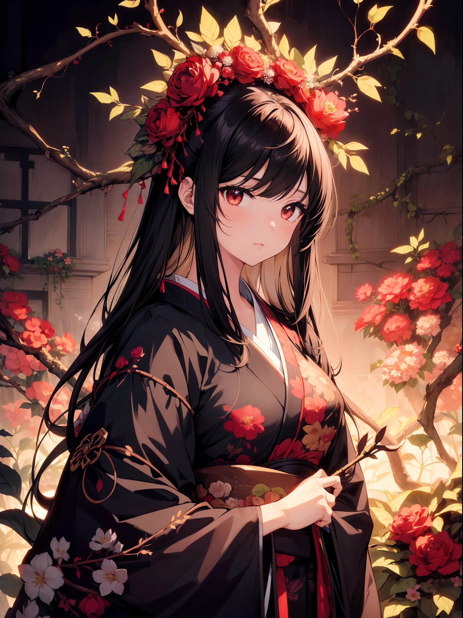 1 girl , standing in front of flowers hedge and  Thorns,character focus , front, black hair,Japanese clothing, background full-view flowers hedge and Thorns  ,upper body ,high resolution,(incredibly absurdres),anime visual,extremely detailed CG unity 8k wallpaper, ((masterpiece)), ((top-quality)), (beautiful illustration), ((an extremely delicate and beautiful))