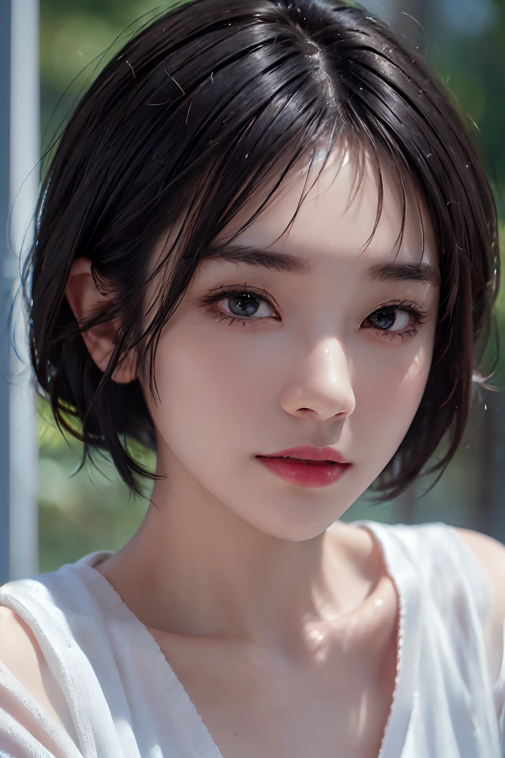 (Small Tits), (18-year-old), (very small head), dawn, sunlight, (Perfect body:1.1), (8k), (Very delicate and beautiful), (highest quality:1.0), (Realistic), Realistic Shadows, (High resolution:1.0), Detailed skin, Very detailed, the body is slim, (Beautiful Hair, Real Hair, Thinning hair), blush, Realistic, Realistic Face, Realistic eyes, Small eyes, smile, (eyeliner), (mascara), (eye shadow), whole body、Nipples、Blue Hair、short hair