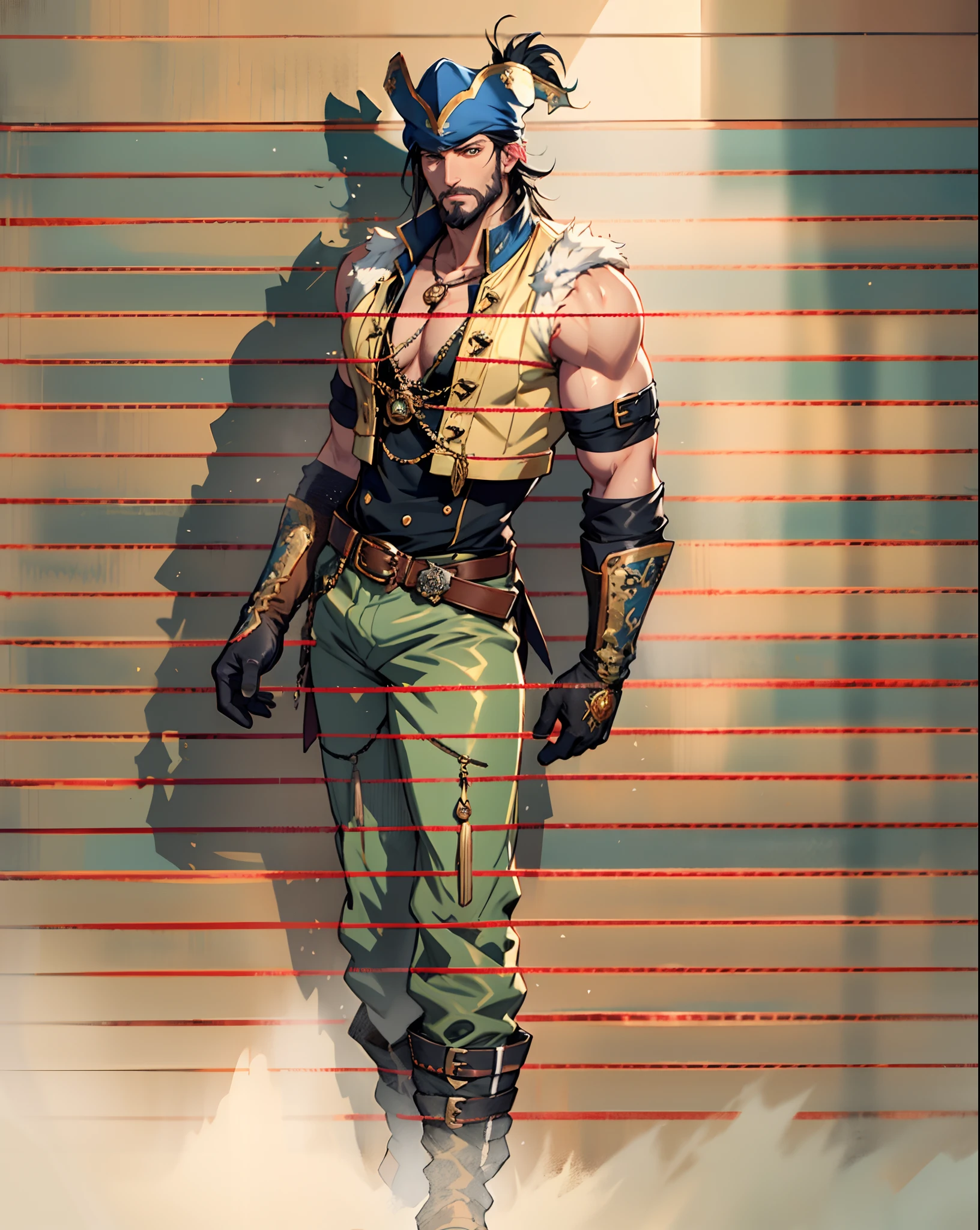 A middle-aged man with long black hair, medium length hair, wears a small round felt hat on his head, he has a cunning and sharp gaze, a beard, a tall and imposing figure, a fantasy-style pirate coat, sleeveless, exquisite stripes, a large skull pattern, has a golden sash around his waist, a leather belt with bone decorations, long gloves with metal ornaments, two-tone utility pants, knee-high leather boots, primarily in shades of black, accented by touches of red and yellow, he stands proudly at the bow of a massive pirate ship, this character embodies a finely crafted fantasy-style pirate in anime style, characterized by an exquisite and mature manga illustration art style, high definition, best quality, highres, ultra-detailed, ultra-fine painting, extremely delicate, professional, anatomically correct, symmetrical face, extremely detailed eyes and face, high quality eyes, creativity, RAW photo, UHD, 8k, Natural light, cinematic lighting, masterpiece:1.5