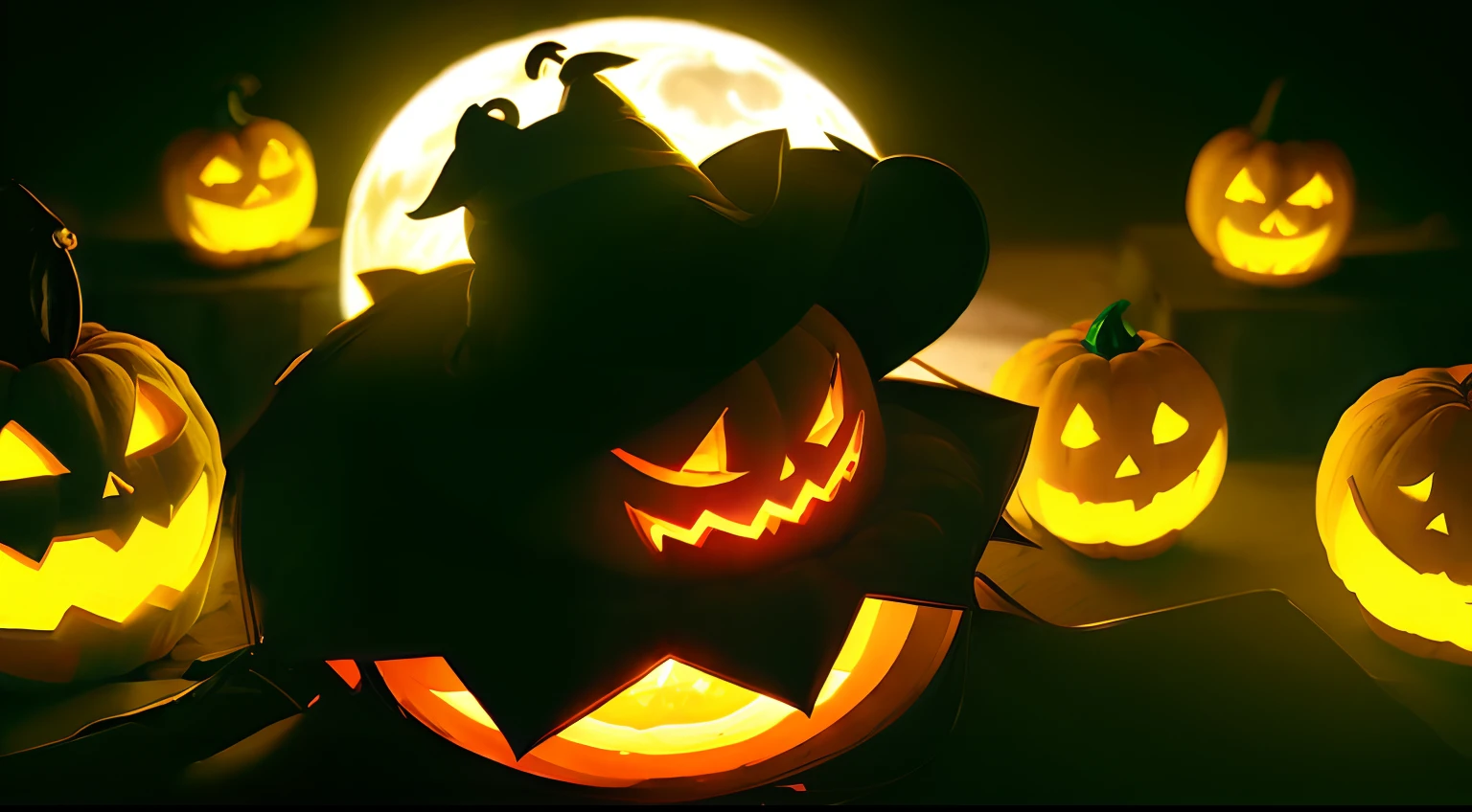 personagem jack o lantern!!, classicos do hallowwen do folclore americano disney, com aboboras, morcegos e fantasmas decorando o ambiente, Utilize cores de Halloween, como laranja, preto, roxo e verde.disney estilizados, Maximum definition quality, como teias de aranha, illuminated pumpkin lanterns and a full moon, The image should capture the essence and charm of American Halloween, evoking a sense of mystery and fun. Make sure all the elements complement each other to create a visually appealing composition