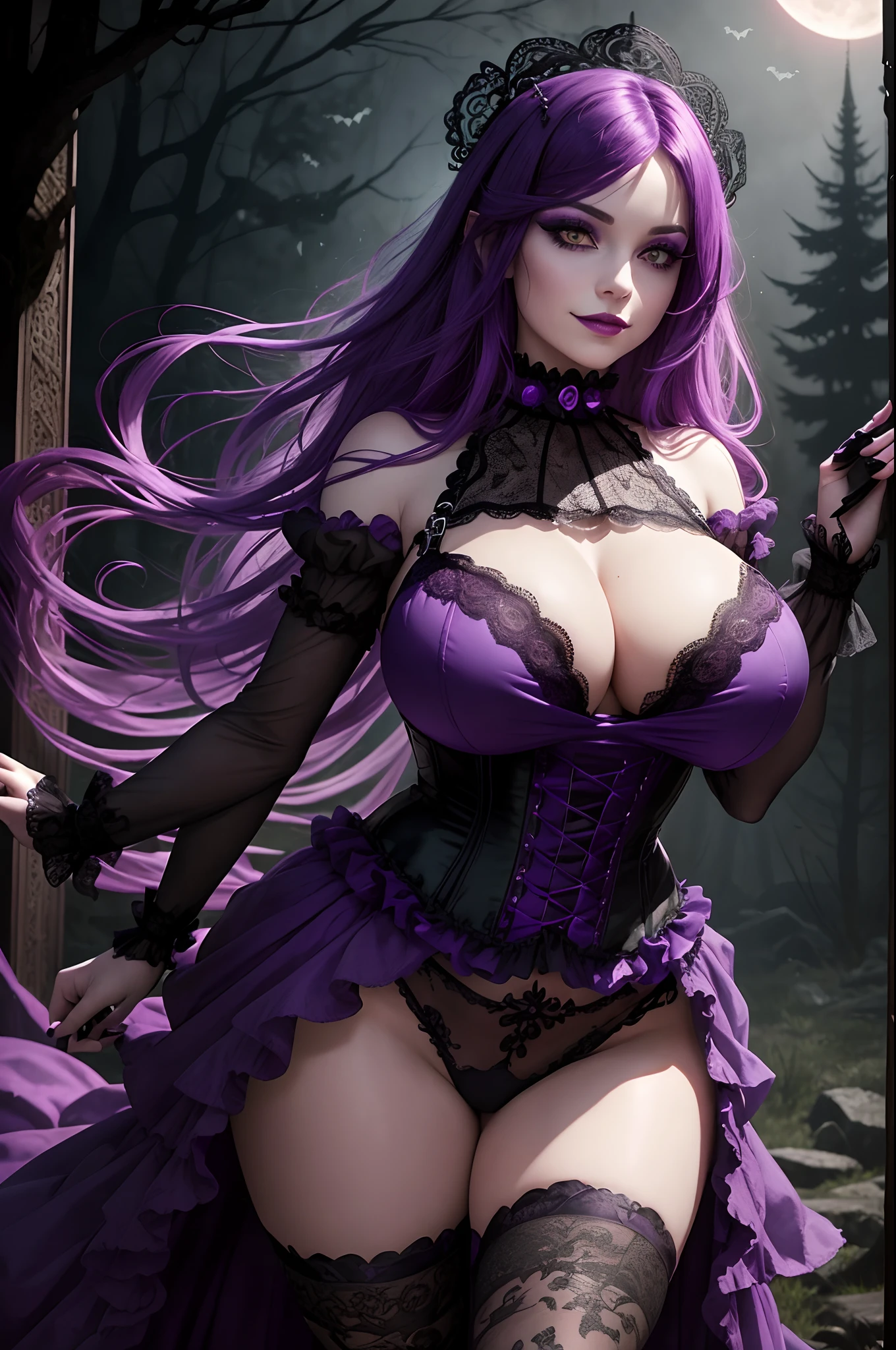 Halloween goth wearing purple and orange, (soft huge breasts:1.3), ecstatic smile, heavy makeup, bright eyes, heavy eyeliner, gothic makeup, pale complexion, purple lipstick, deep purple eyeshadow, purple and orange hair, black lace choker, long black nails, elaborate purple and orange costume, frilly lace sleeves, corset, floral pattern, visible thighs, gothic jewelry, smoky atmosphere, hauntingly beautiful, enchanted forest background, full moon in the sky, mysterious darkness, purple and orange lighting, ethereal aura, ominous shadows, dramatic pose, confident stance, legends and myths, fantasy-inspired, gothic romance, vintage goth aesthetics, dark elegance, majestic and alluring, witchcraft and enchantment, intricate details, magical ambiance, witchy vibes.
