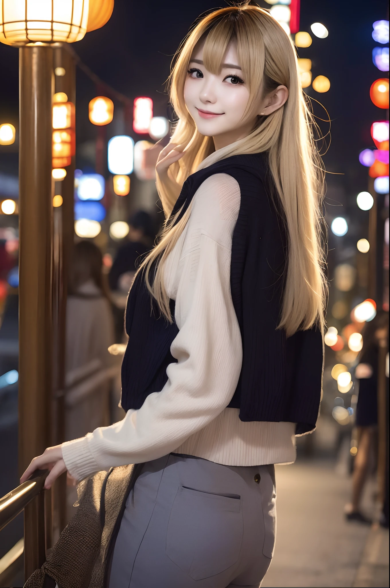 A Japanese Lady、Autumn Outfit、In the city at dusk、Halloween atmosphere、a blond、a 20 yo woman、Extraordinary Beauty、Silky smooth long hair、long bangs、Dating、Turn around and smile、Absolute idle