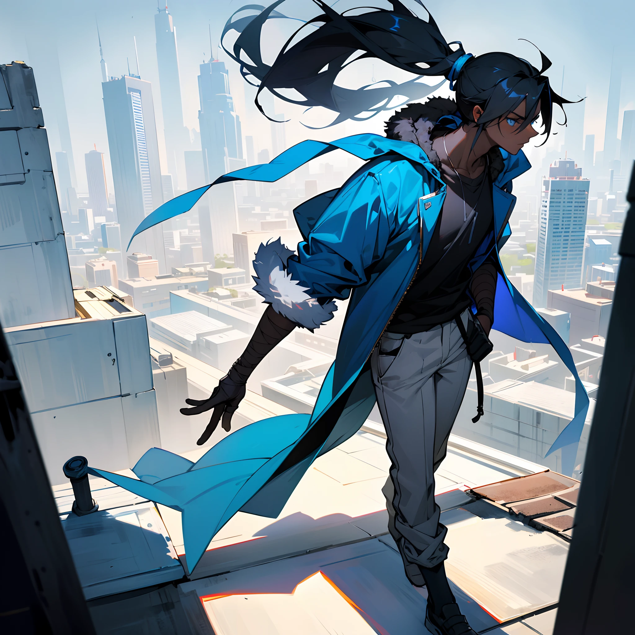 1male, young adult, messy medium length black hair in ponytail, bright blue eyes, walking down path, dark skin, bandages wrapped around arms, best light and shadows, large city, rooftop, posing with hands in pockets, modern clothes, fur jacket with oversized hood