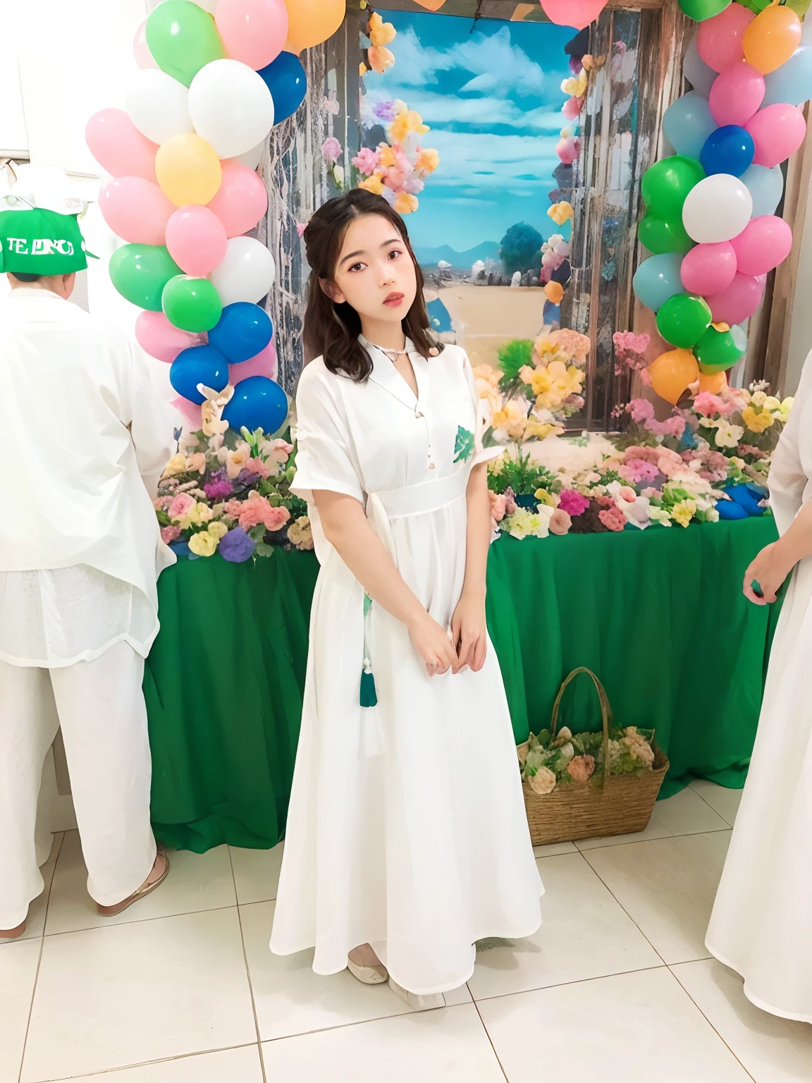 There are three women in front of a table with balloons, vestindo um vestido hospitalar branco, usando um vestido folkdrakt branco, vestindo vestes brancas!, pano de fundo, mar - roupas verdes e brancas, inspirado em Pacita Abad, usando panos brancos, bolo', background is celestial, vestindo roupas brancas, holy themed, vestido longo com avental, ๐ญ ๐คฎ ๐ ๐
