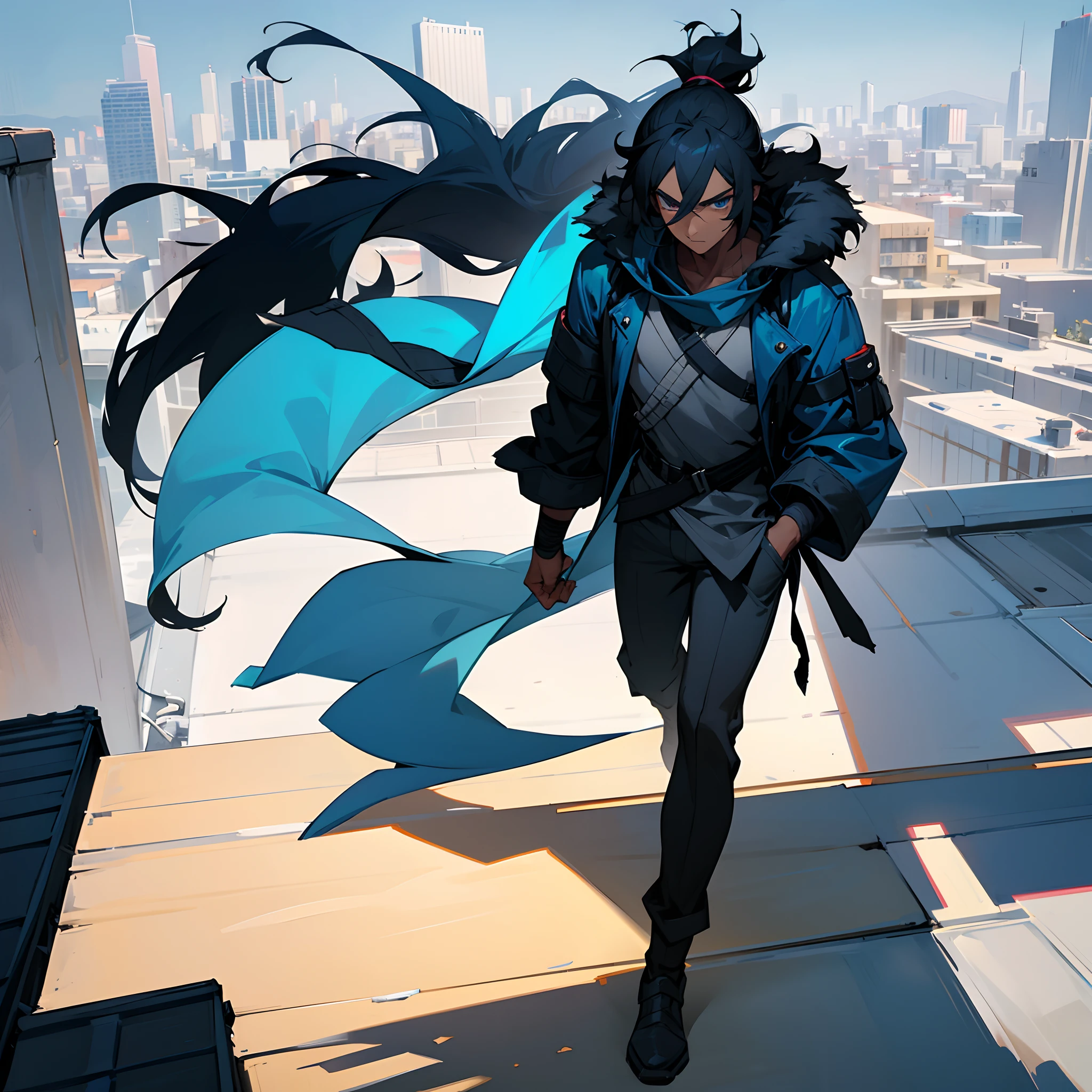 1male,  adult, messy medium length black hair in ponytail, bright blue eyes, walking down path, dark skin, bandages wrapped around arms, best light and shadows, large city, rooftop, posing with hands in pockets, modern clothes, fur jacket with oversized hood