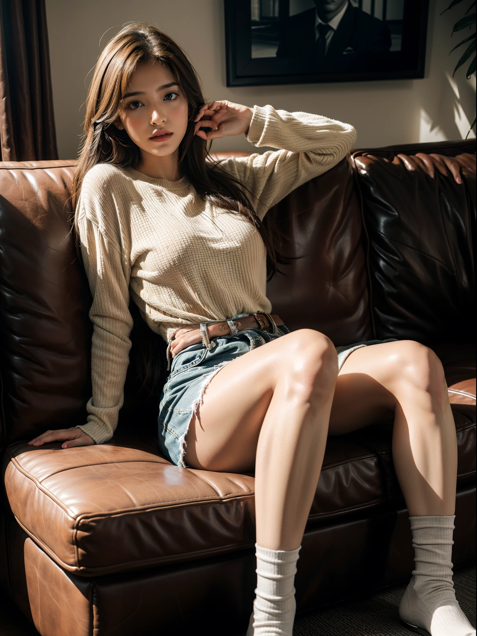 25-year-old Caucasian woman、platinum blonde、blue eyes、semi-long、my hair is wavy、accessories on the wrist、wearing a choker、slim muscular body、I don't want my head to disappear from the screen.、I'm wearing sweatshirts and jersey pants.、I am sitting on a one-seater sofa in my living room.、I put my feet on the ottoman and stretch my legs.、holding an open book in hand、Watching a book、My heart is pounding、smile