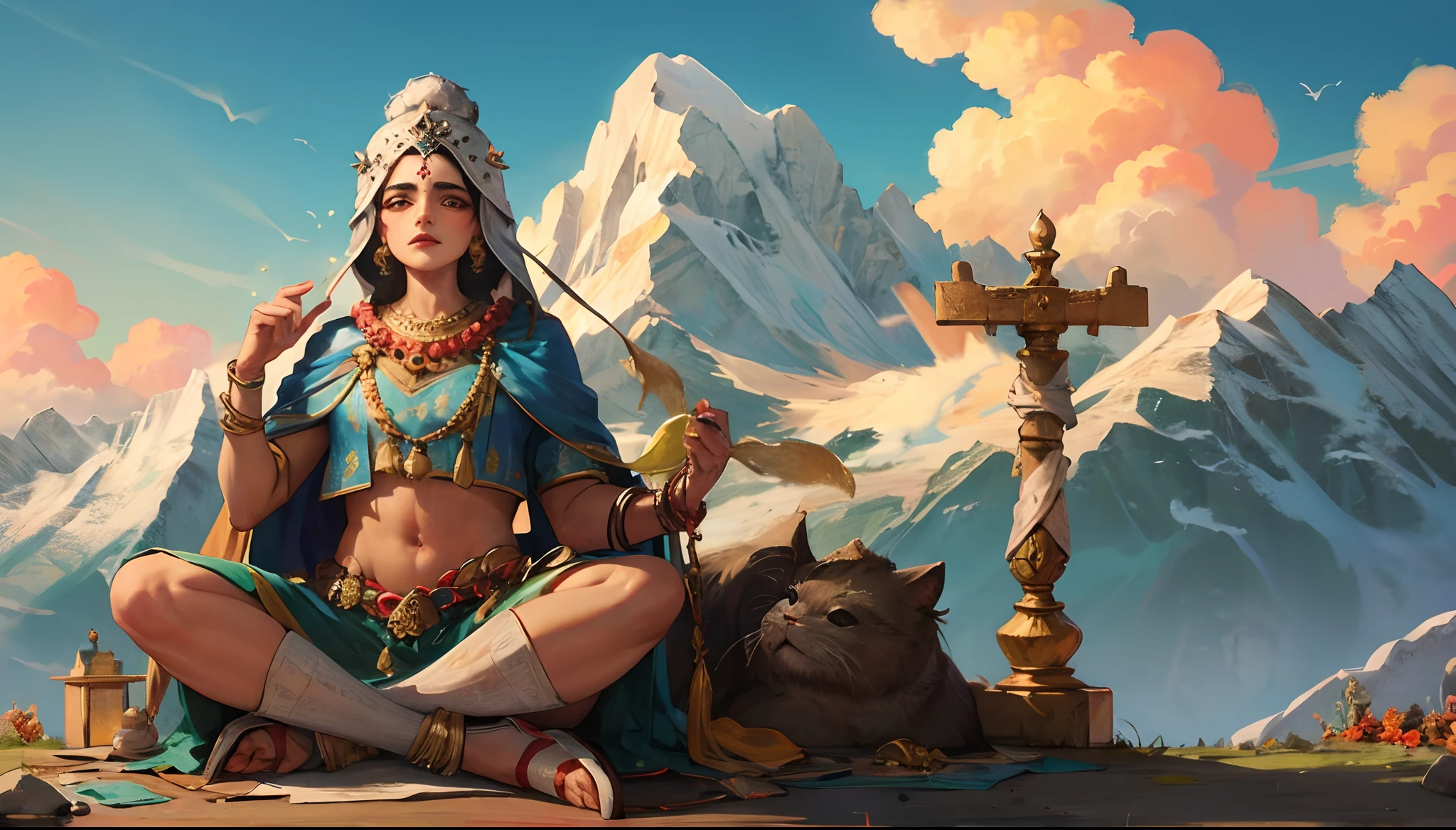 Young tantric priestess with tattoos and percings on her body meditating on a mountain --auto