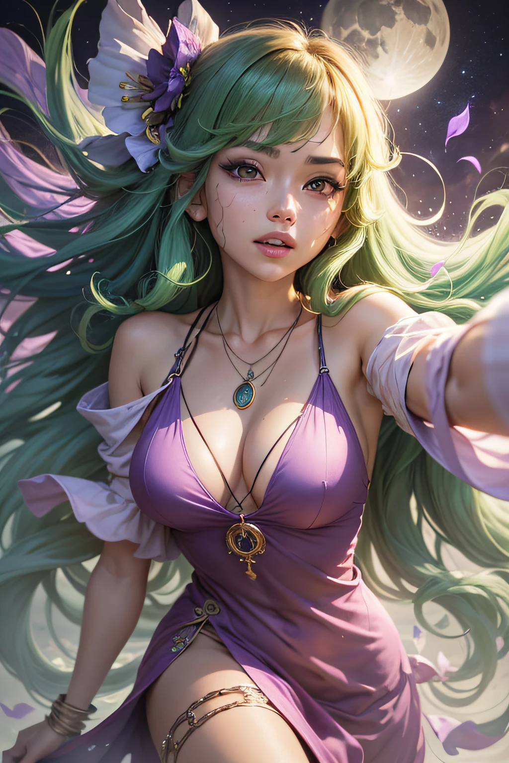 miko, yuzuki yukari, watercolor medium, anime screencap, full_body, view straight on, feet, flying_sweatdrops, shiny_skin, flat chest, girl,woman,female, young,20 years old, long hair, flipped hair, green hair, two-tone hair, hair fluttering in the wind, Authentic and detailed face, teeth, Bare arms, normal hands, cleavage, , brown eyes, Authentic skin texture, piercing, necklace, ring, weapon, leaves dress, see-through, open_shirt, purple Clothes, moon, floating water, Super detailed details, glowing, very precise detailed,