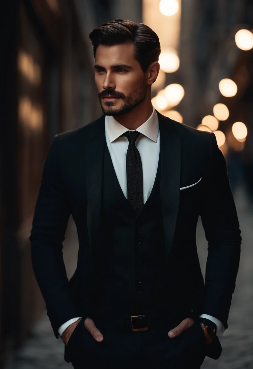 Making a handsome man in his 30s in a black suit and tie, vd, brown hair, (Man in black suit and tie), ), (5 o clock shadow facial hair), Attractive and serious look, short dark hair, Stylish and elegant, Suit-fitting shave and strong body, (High-quality, realistic images), Dark black and light on image background, location standing in the street at night 80s Film Style, ((top-quality, 8K, masterpiece), Ultra-detailed photography, (beautiful faces detailed, detail skin texture, hyperdetailed body:1.1)