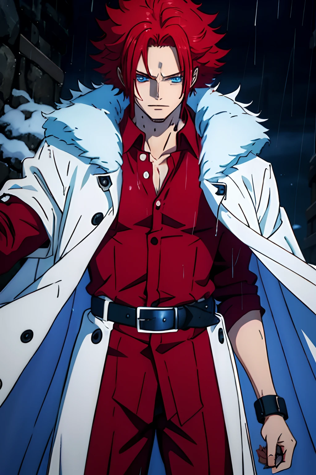 one young teen man, long red hair, wearing a white overcoat fluffy, blue eyes, on the rain