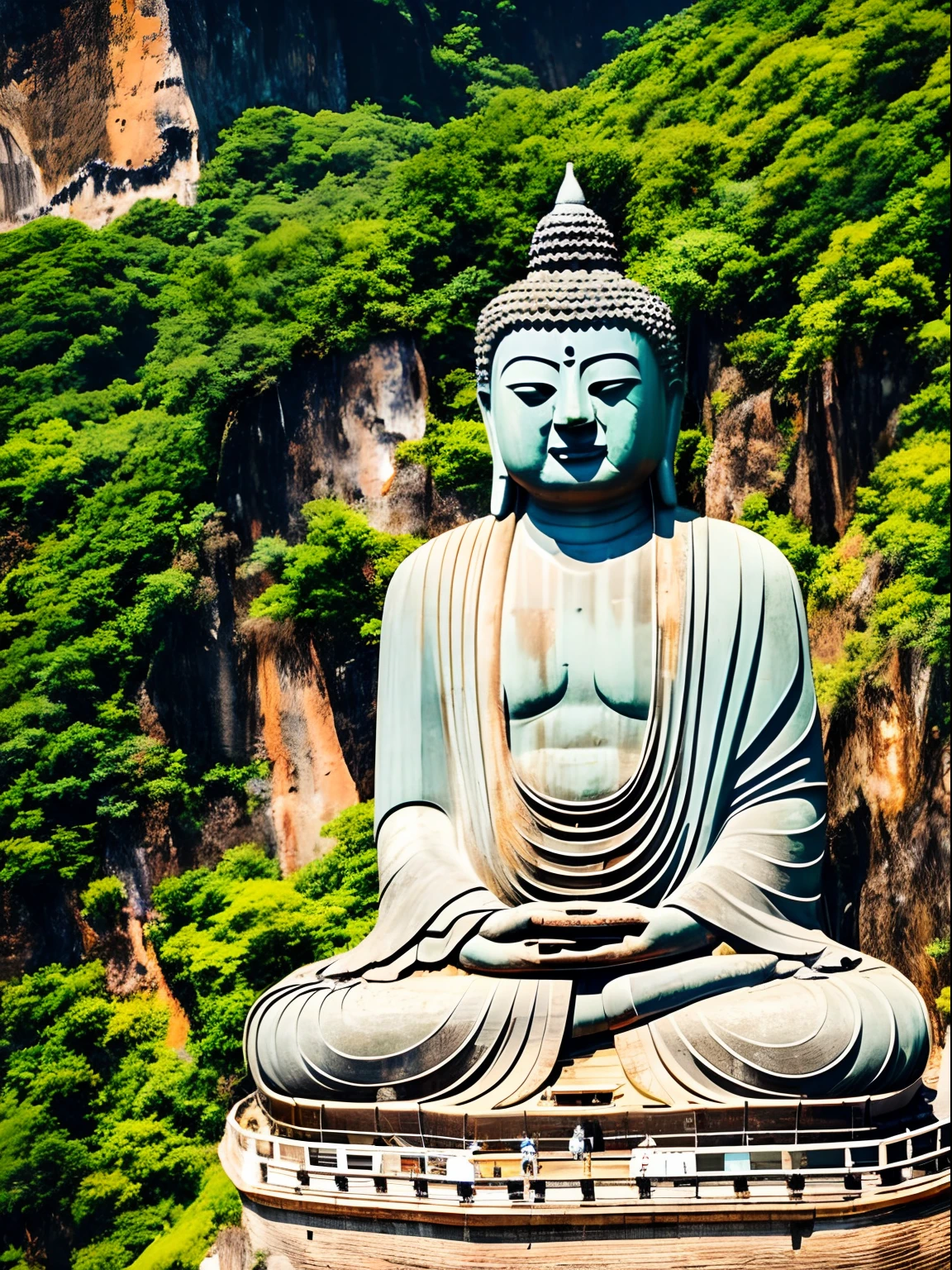 Giant weathered buddha statue by a rock cliff, grandiose, blue sky, view from air