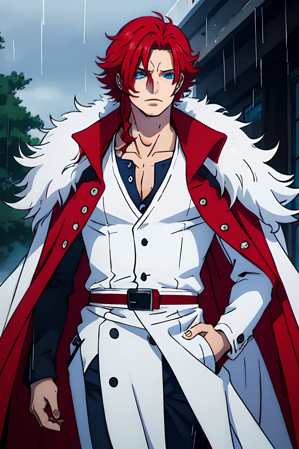 one man, long red hair, wearing a white overcoat fluffy, blue eyes, on the rain