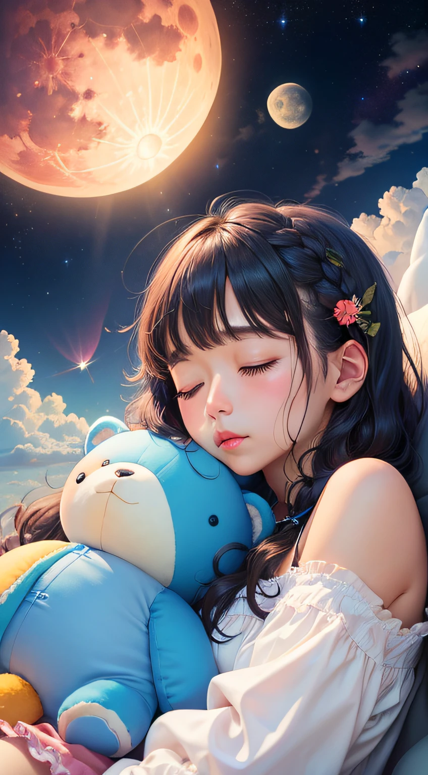 Cute girl with sleepy eyes,Big eyes and head,in pajamas,Cute teddy bear on the back,Moon and stars,Letter "GN",The style of the Dilka bear,Mark Reden's style,Pop art surrealism,Dark art,8K分辨率,Ultra-verbose --v 4-ar 3:2 --auto