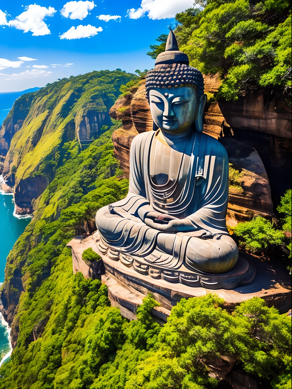Giant weathered buddha statue by a rock cliff, grandiose, blue sky, view from air