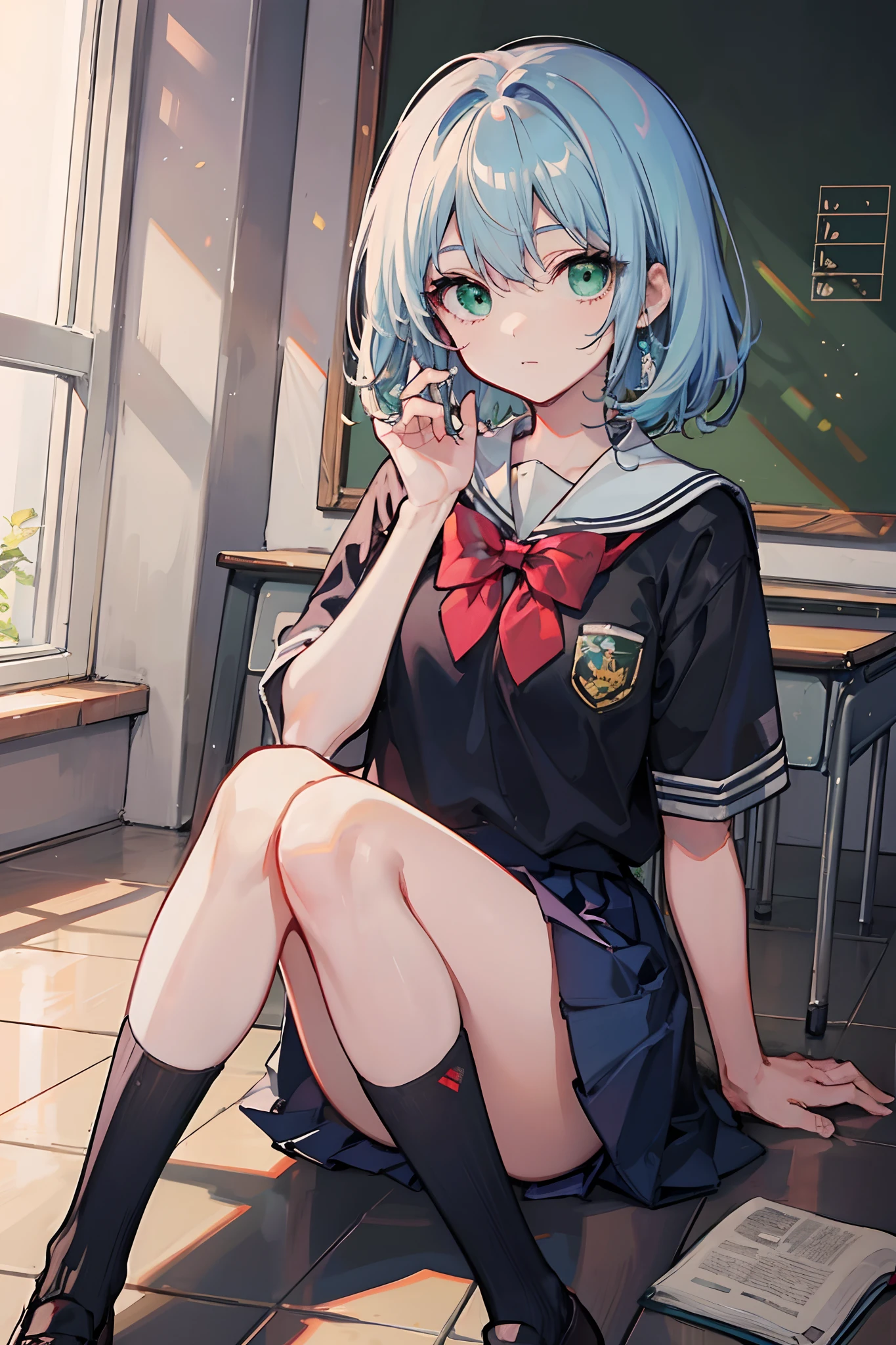 Masterpiece, Best quality, a beauty girl, hair over shoulders, Light blue hair, Green eyes, school uniform, Socks,