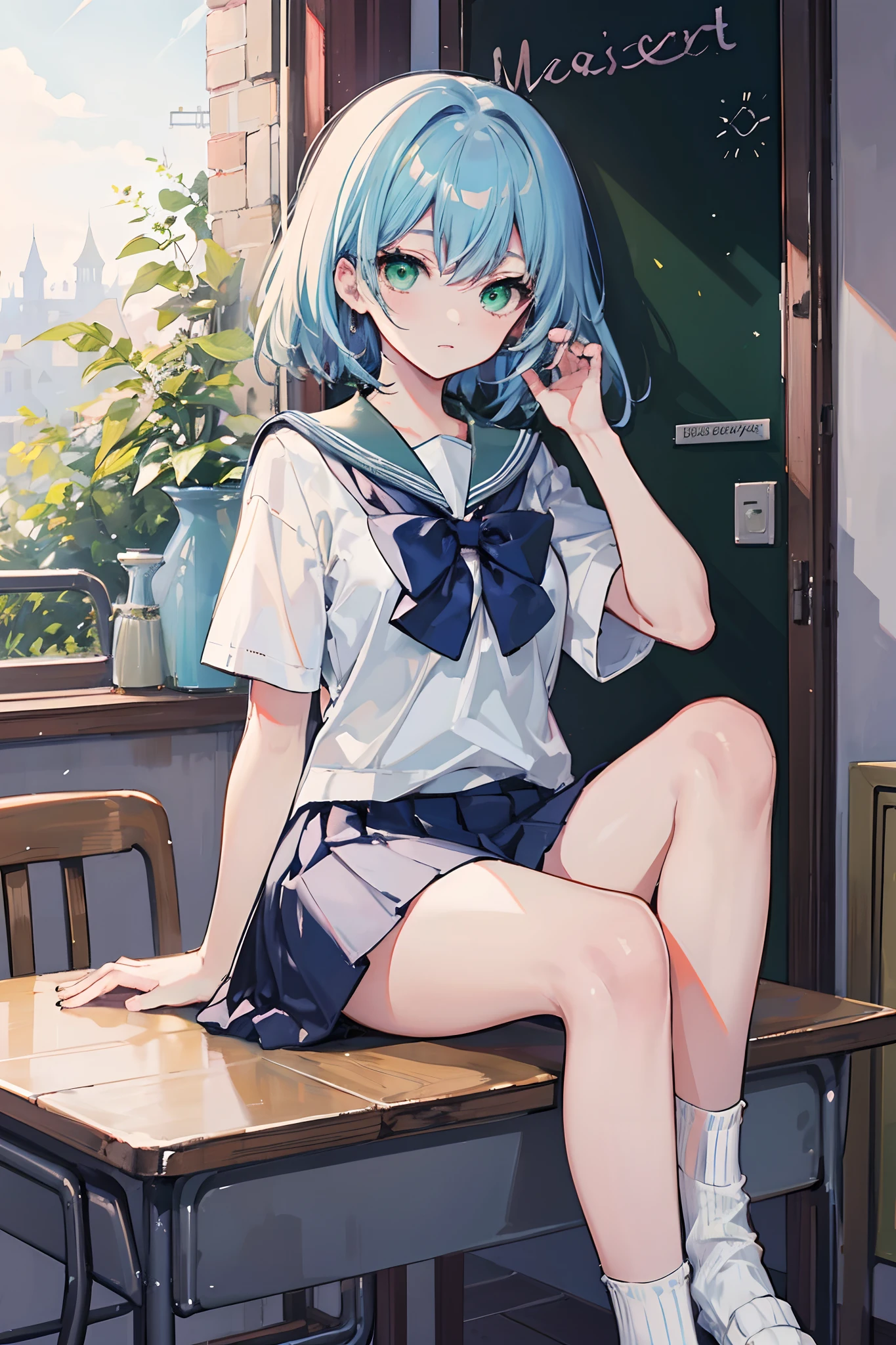 Masterpiece, Best quality, a beauty girl, hair over shoulders, Light blue hair, Green eyes, school uniform, Socks,