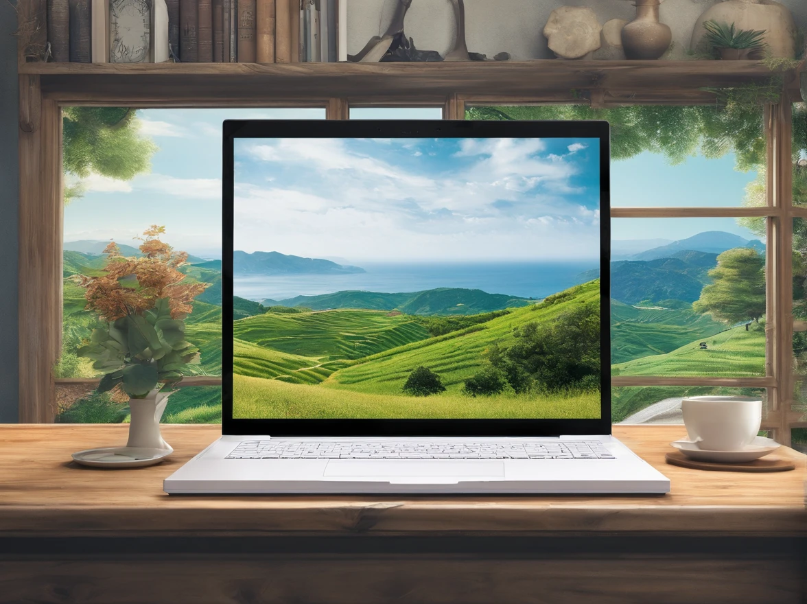 Italian Ming laptop in office overlooking the sea in Japan countryside、Photorealsitic