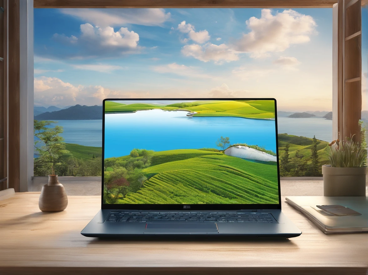 Italian Ming laptop in office overlooking the sea in Japan countryside、Photorealsitic