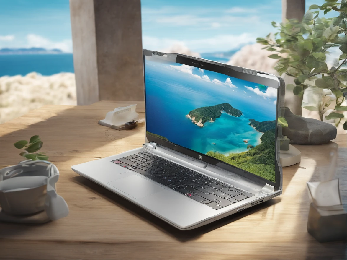 Italian Ming laptop in office overlooking the sea in Japan countryside、Photorealsitic