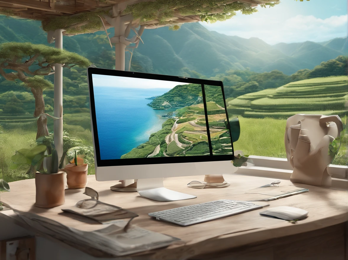 Italian Ming laptop in office overlooking the sea in Japan countryside、Photorealsitic