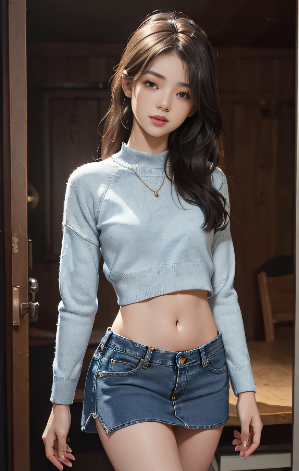 ((masuter piece:1.3)、(8K、Photorealsitic、Raw photography、top-quality: 1.4)、(1girl in)、Beautiful expression、(Lifelike face)、(A dark-haired、long)、 Beautiful hairstyle、realisticeyes、Beautiful details、(real looking skin)、Beautiful skins、absurderes、enticing、超A high resolution、A hyper-realistic、high-detail、the golden ratio、 ((wide open abdomen))、((open abdomen))、((wide open navel))、((open navel))、((Bare belly))、((Mid-Riff Sweater))、((Ultra-low rise、Denim Mini Skirt))、 ((Navel Ejection))、((small hips))、((long limbs))、((Full body depiction))、((small hip))、(long boots)、((Ultra-low rise))、((Denim Mini Skirt))、((is standing))、