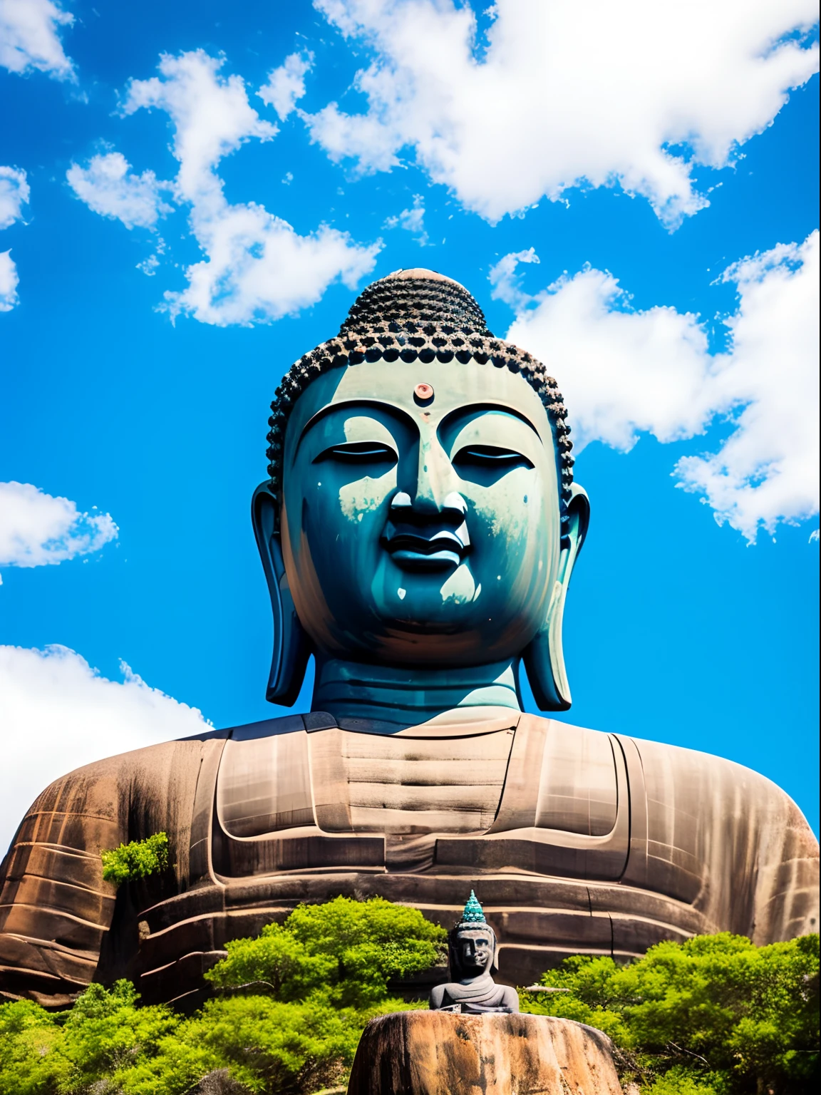 Giant weathered buddha statue by a rock cliff, grandiose, blue sky, view from air