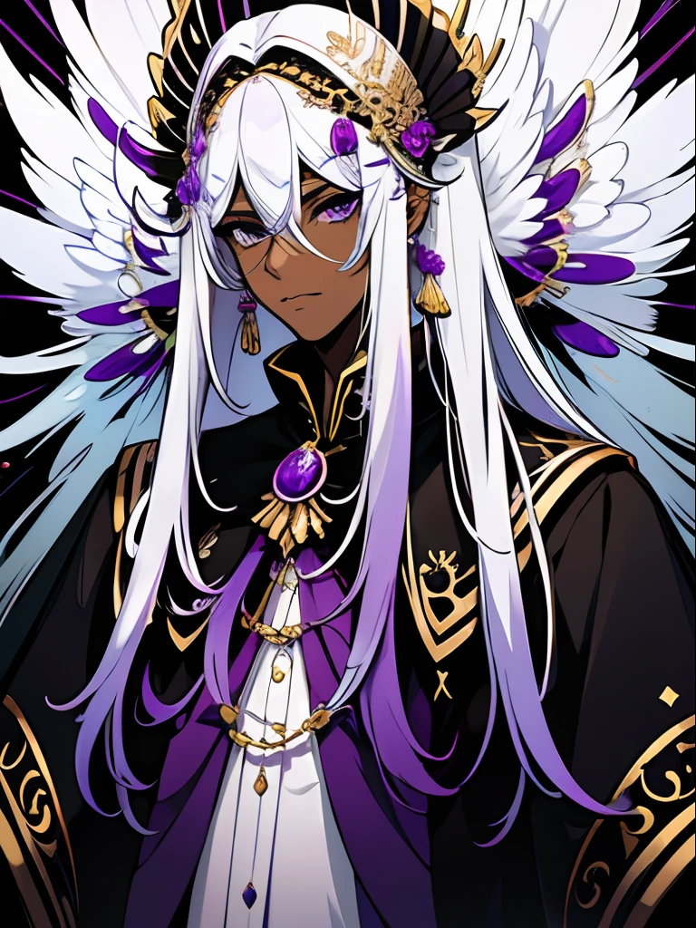 1 man, long white hair, dark skinned, a violet and black peacock inspired outfit, violet eyes, gold accessories, epic background, whole image as a portrait